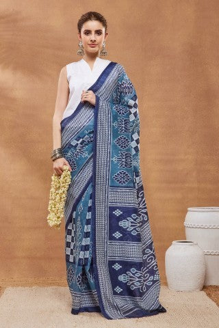 Blue Checked Printed Silk Blend Ready to Wear Saree