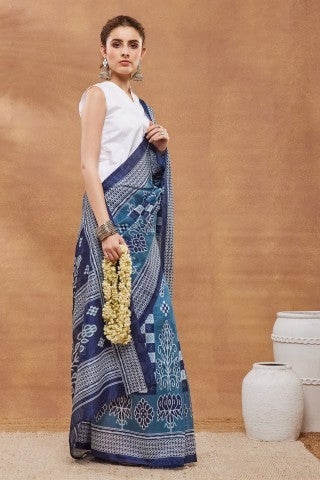 Blue Checked Printed Silk Blend Designer Saree