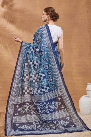 Blue Checked Printed Silk Blend Ready to Wear Saree