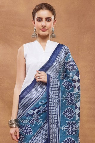 Blue Checked Printed Silk Blend Designer Saree