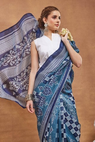 Blue Checked Printed Silk Blend Ready to Wear Saree