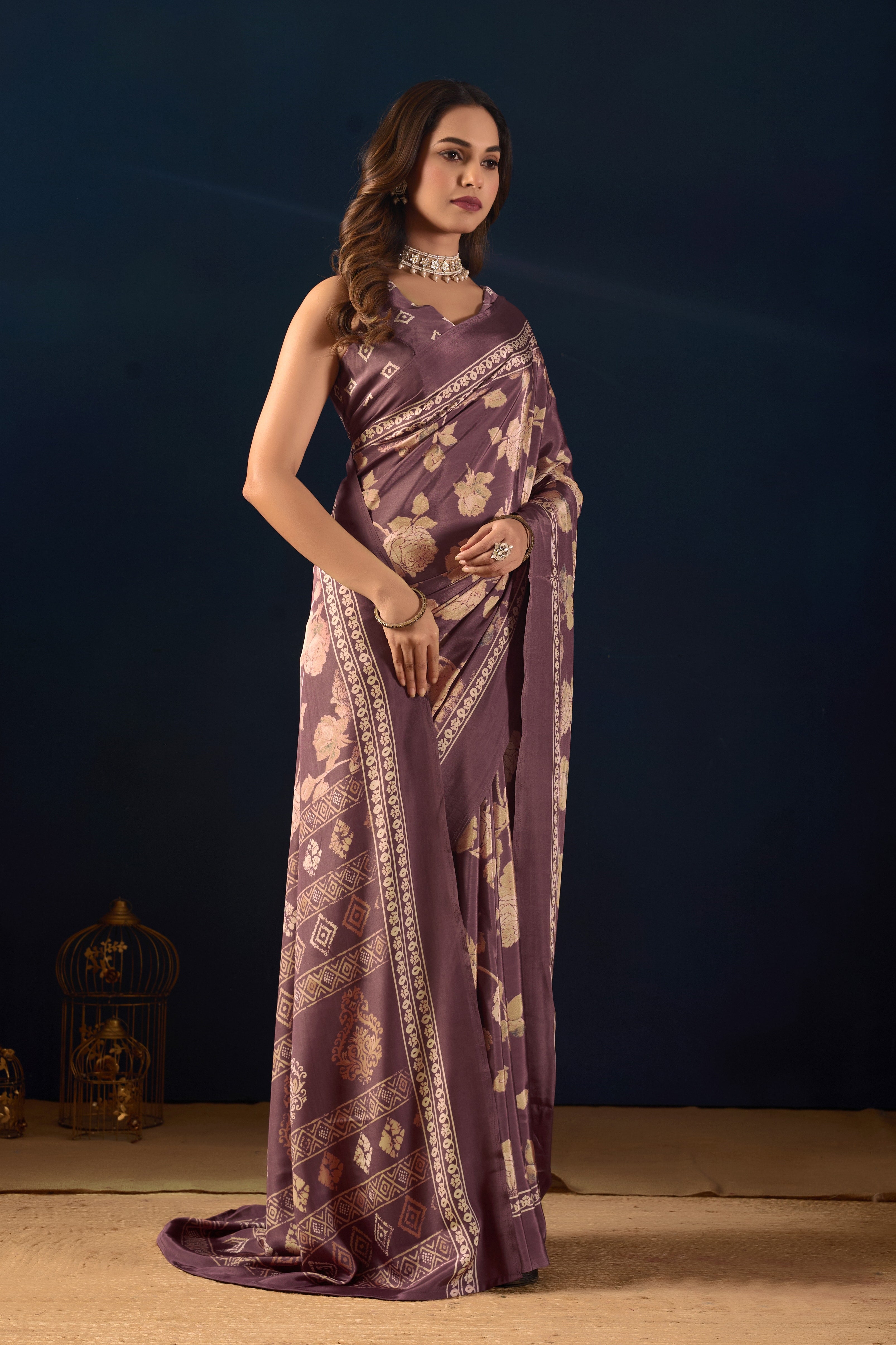 Purple Poly Crepe Floral Printed Ready to Wear Saree