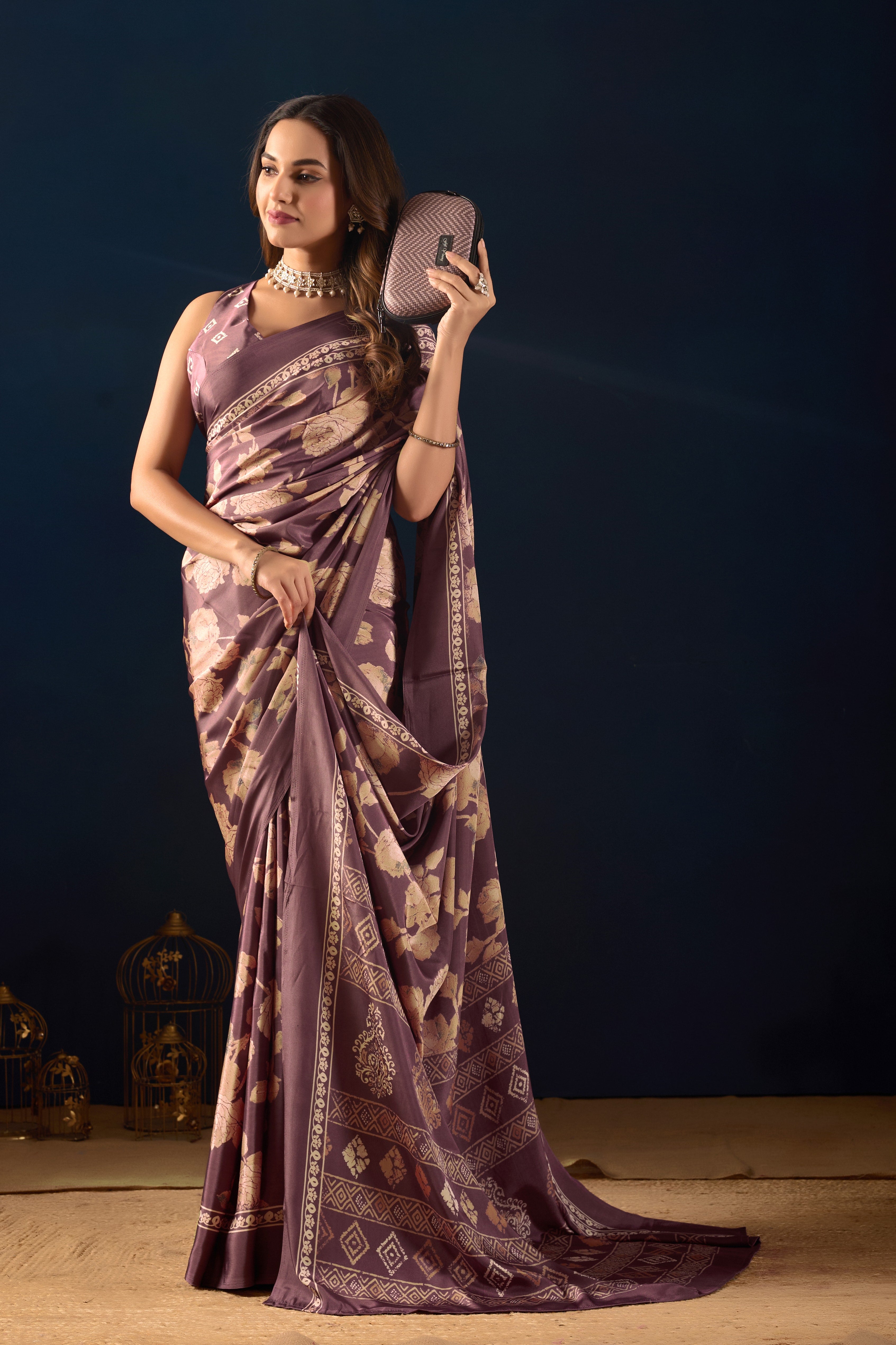 Purple Poly Crepe Floral Printed Ready to Wear Saree