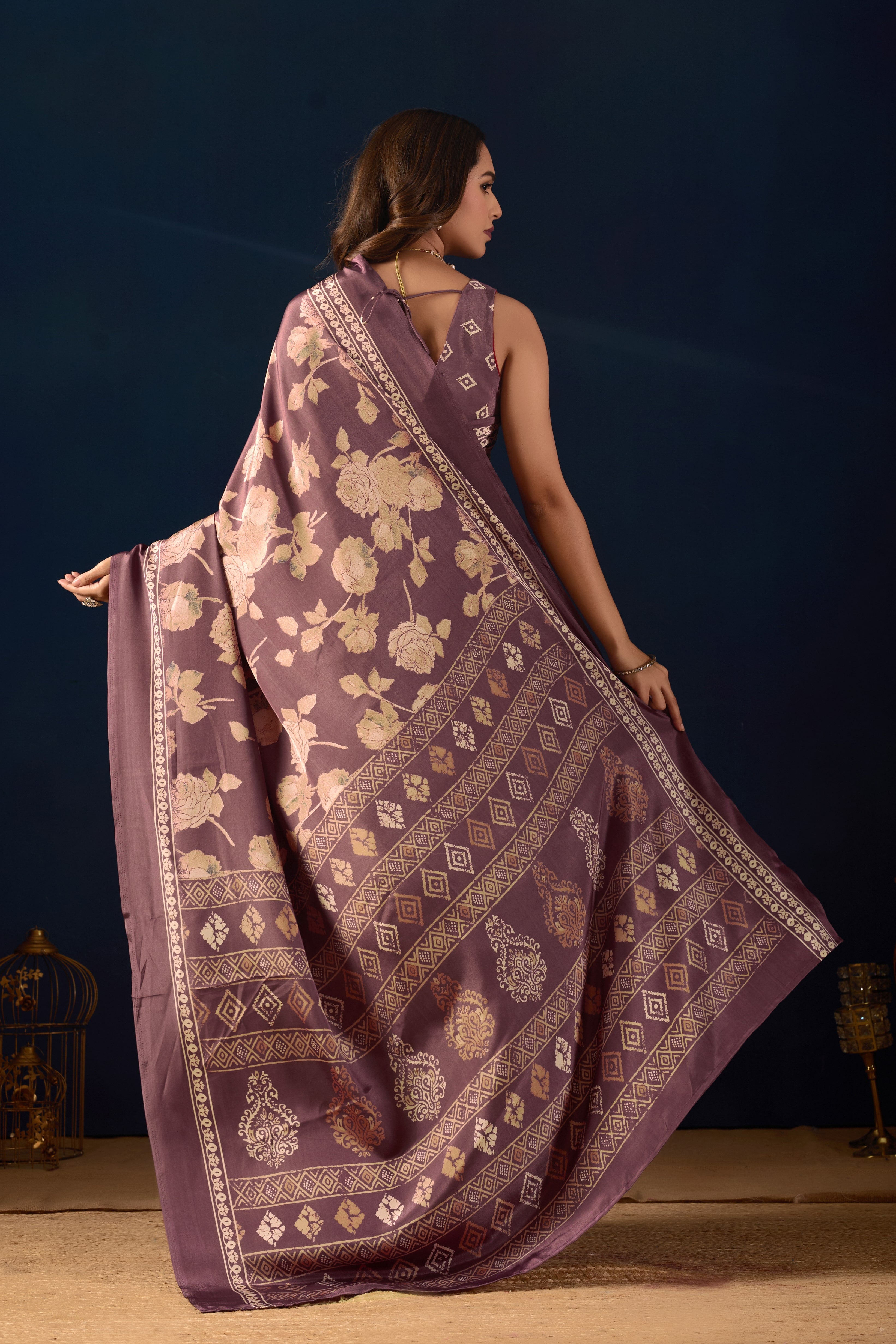 Purple Poly Crepe Floral Printed Ready to Wear Saree