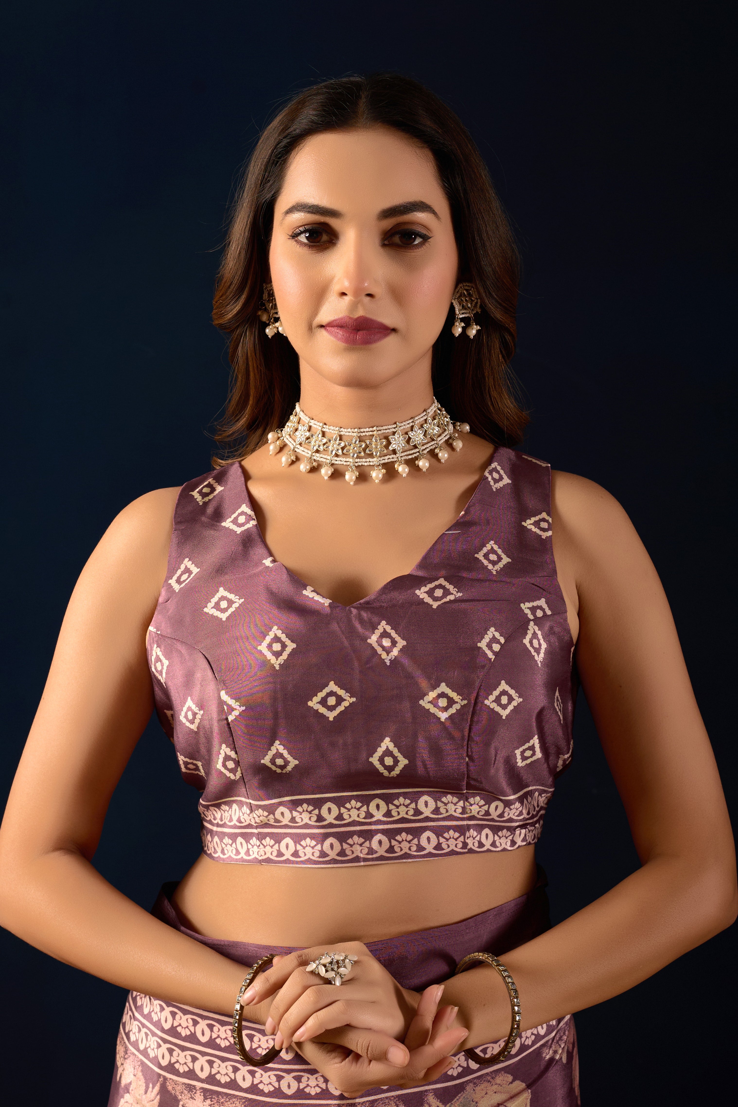 Purple Poly Crepe Floral Printed Ready to Wear Saree
