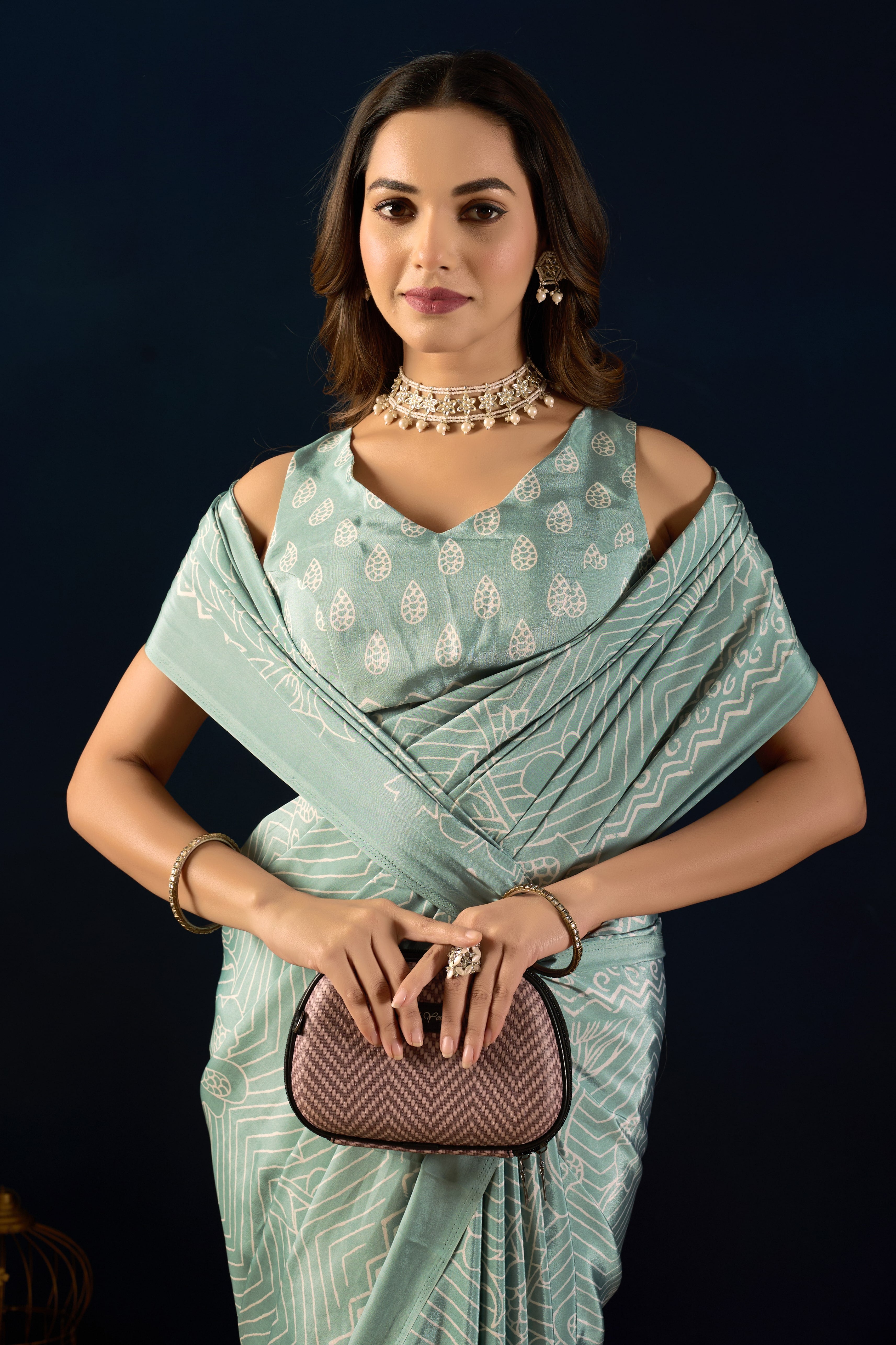 Mauve Heritage Floral Poly-Crepe Saree and Seafoam Geometric Art Poly-Crepe Saree