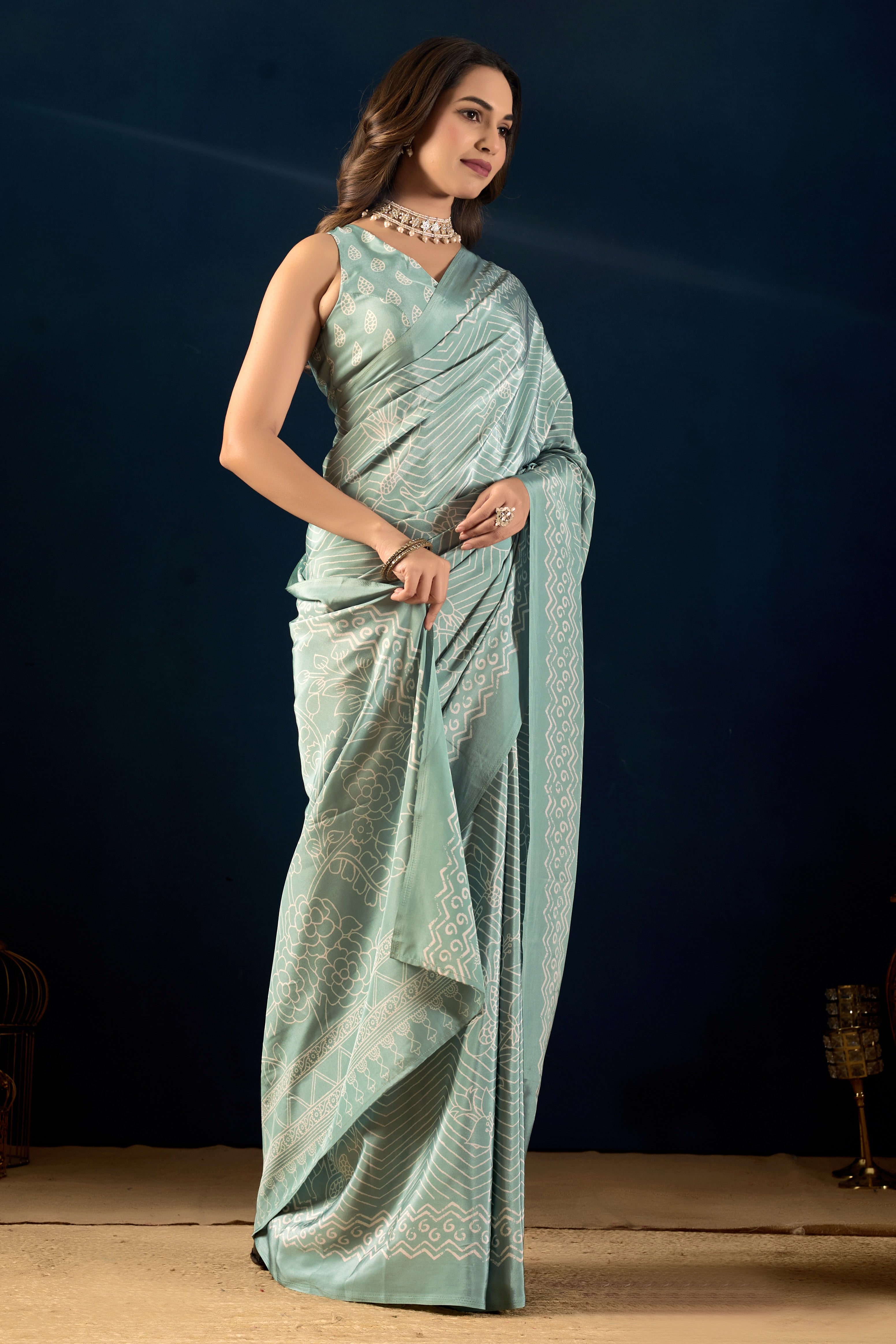 Mauve Heritage Floral Poly-Crepe Saree and Seafoam Geometric Art Poly-Crepe Saree