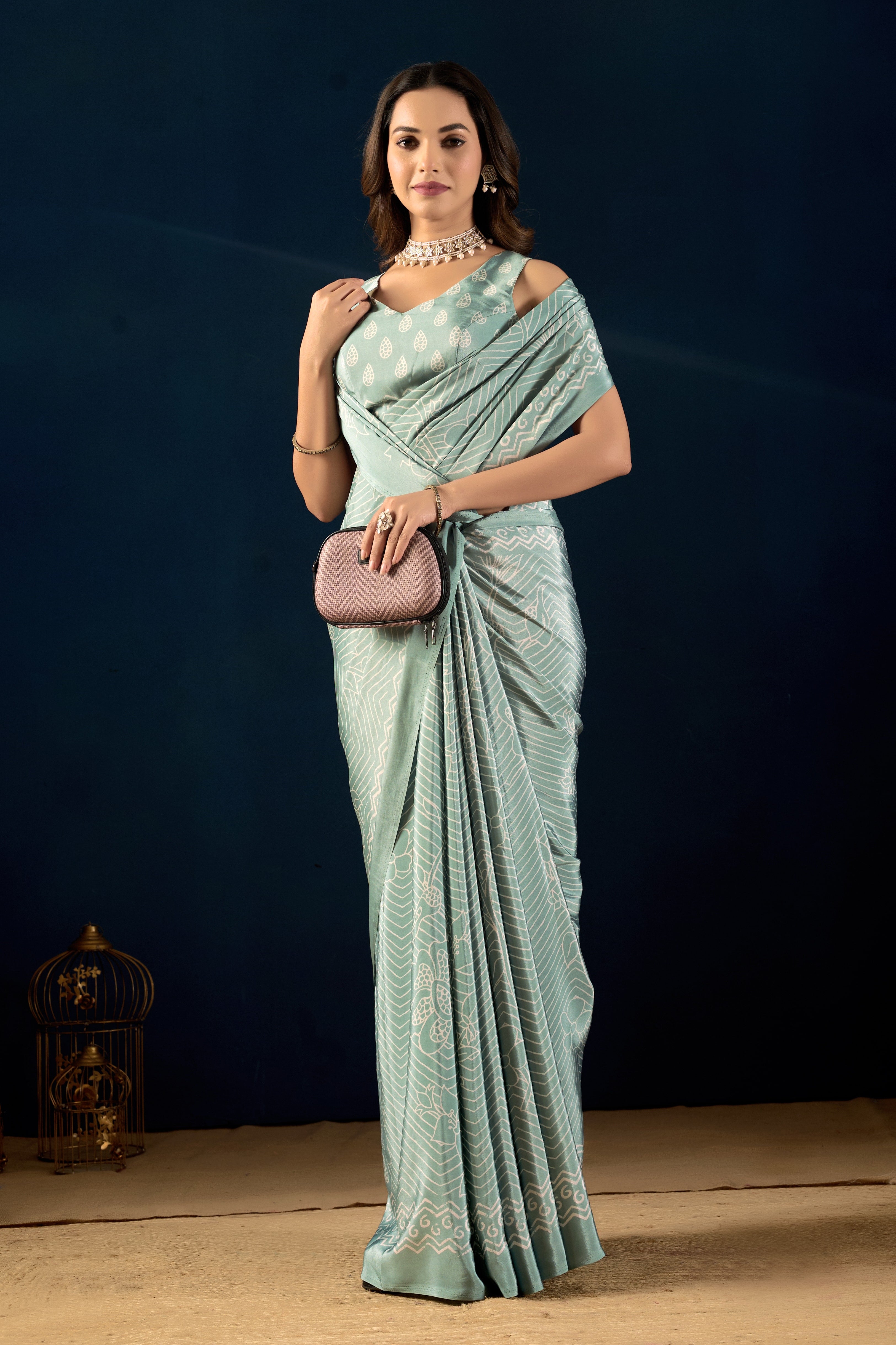 Mauve Heritage Floral Poly-Crepe Saree and Seafoam Geometric Art Poly-Crepe Saree