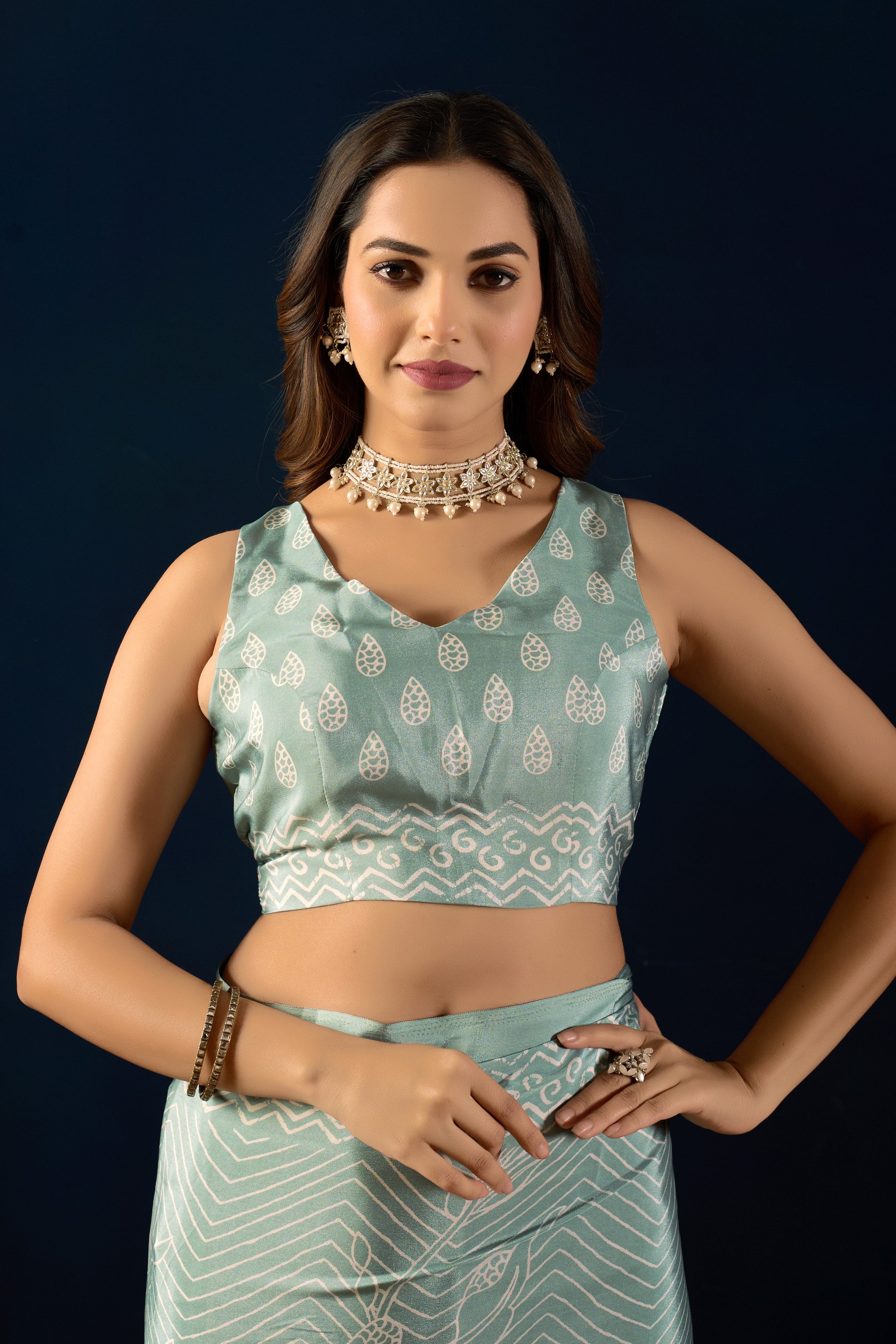 Mauve Heritage Floral Poly-Crepe Saree and Seafoam Geometric Art Poly-Crepe Saree