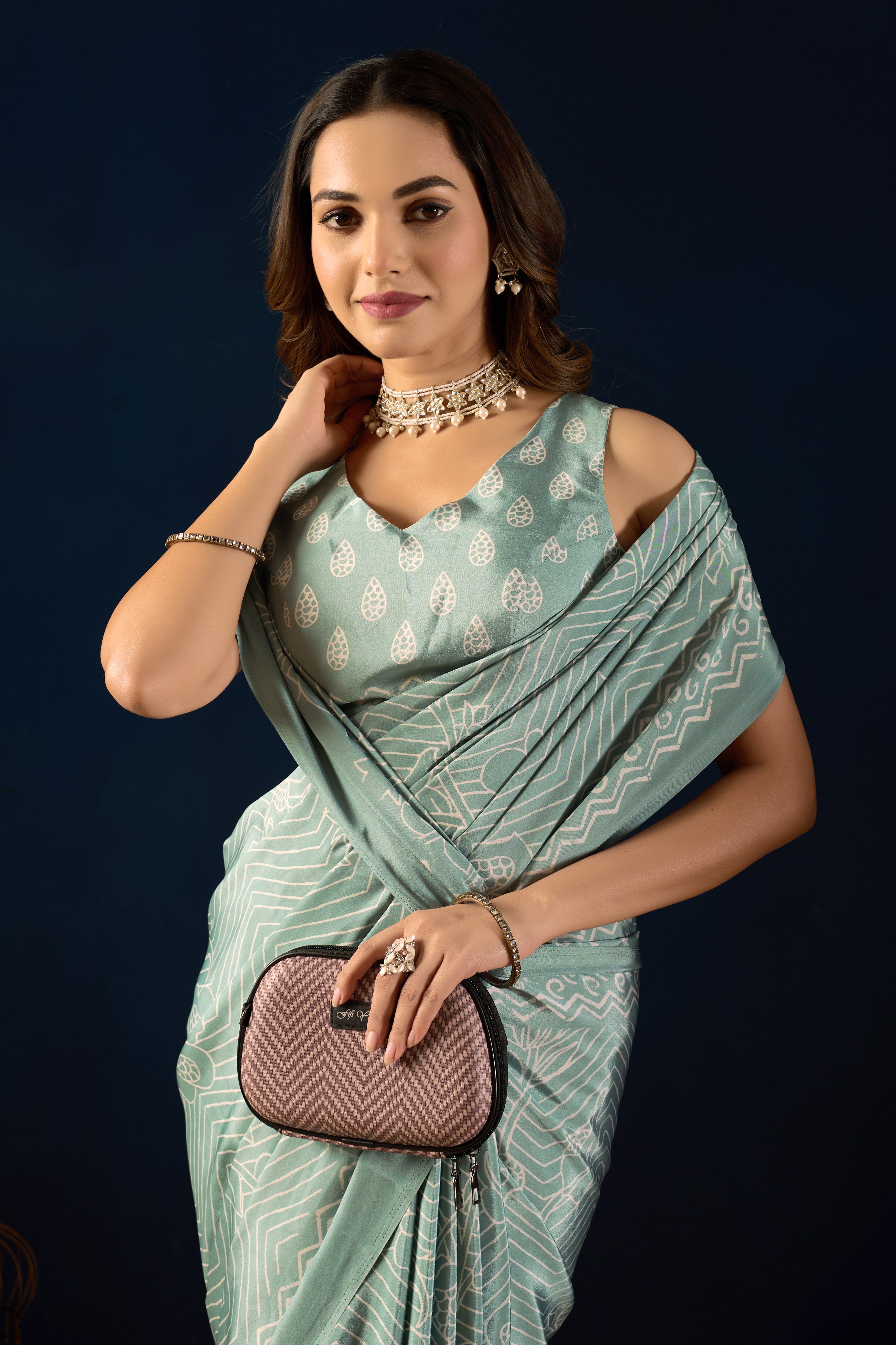 Mauve Heritage Floral Poly-Crepe Saree and Seafoam Geometric Art Poly-Crepe Saree