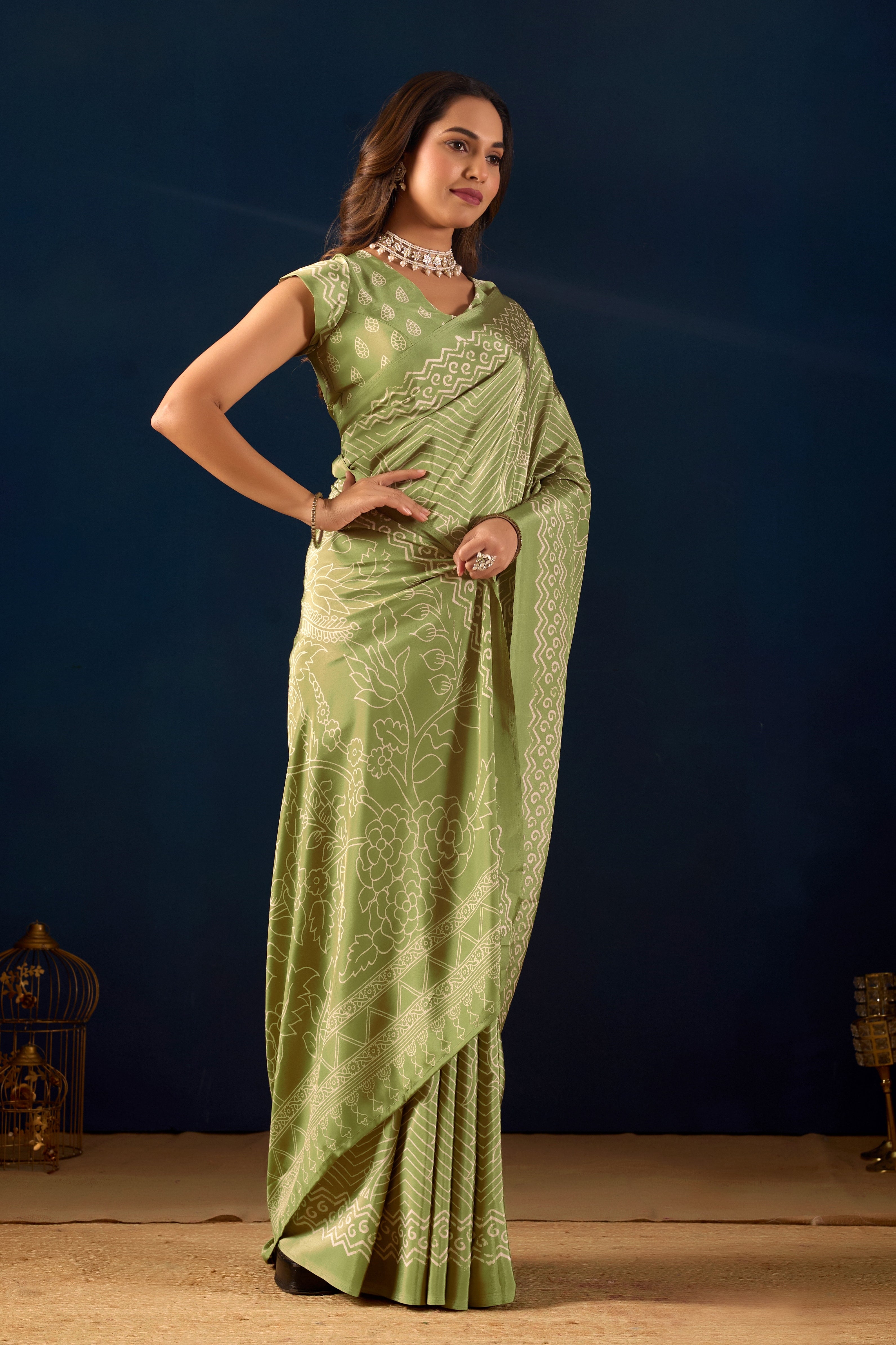 Ethereal Pista Green Saree with Intricate Geometric Floral Patterns .