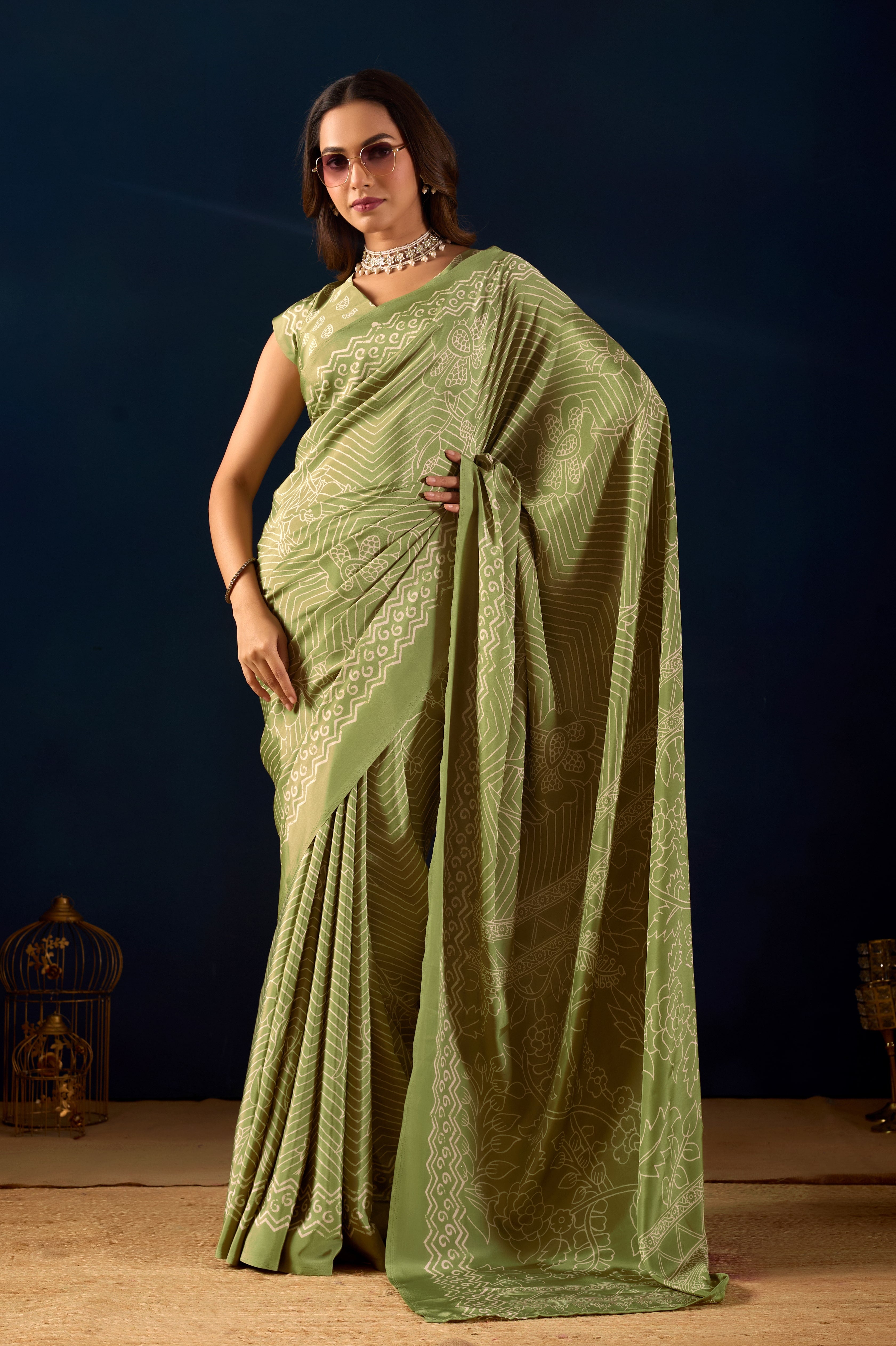 Ethereal Pista Green Saree with Intricate Geometric Floral Patterns .