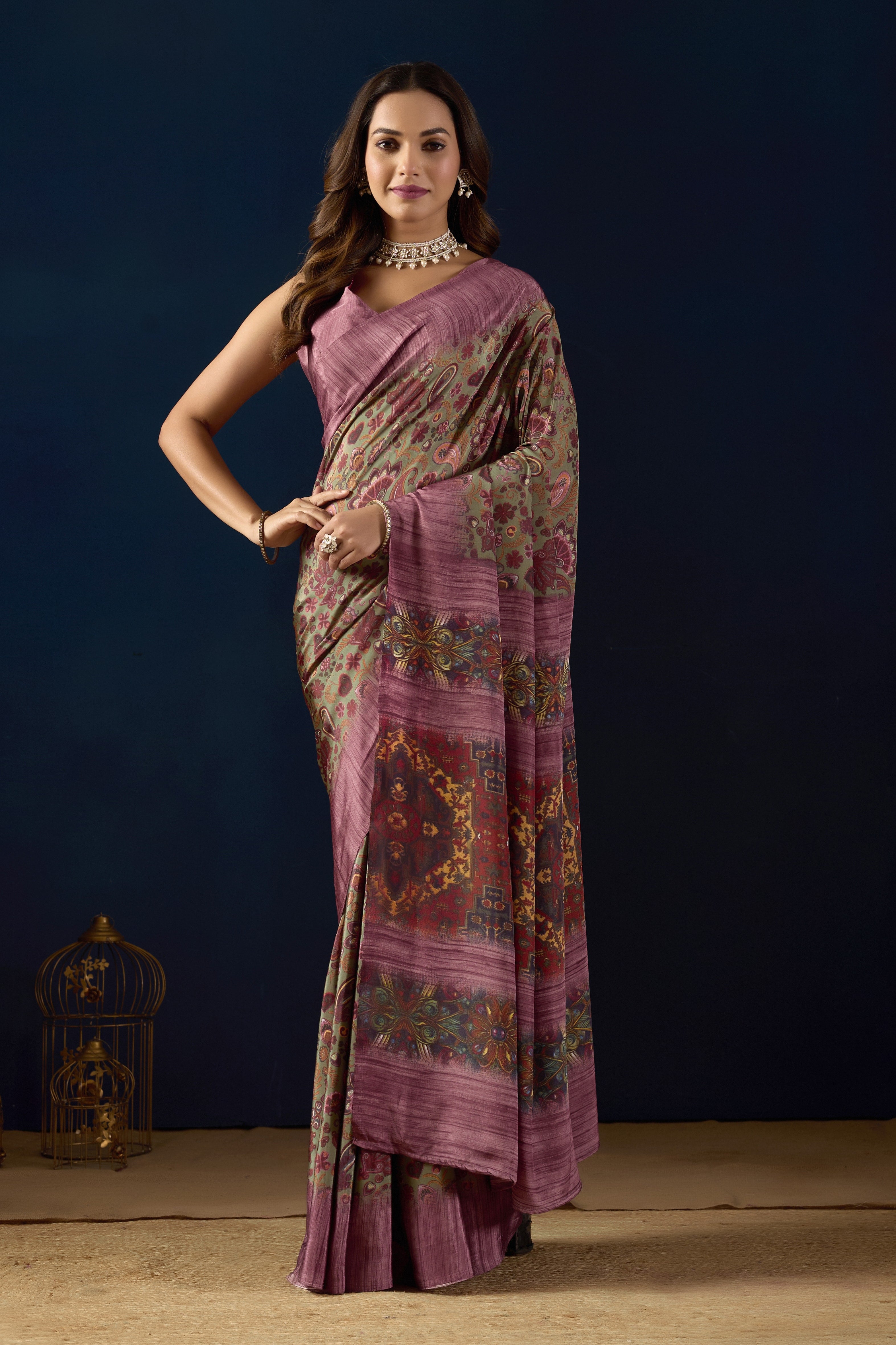 Timeless Deep Green Poly Crepe Saree with Heritage Paisley Prints and Royal Borders