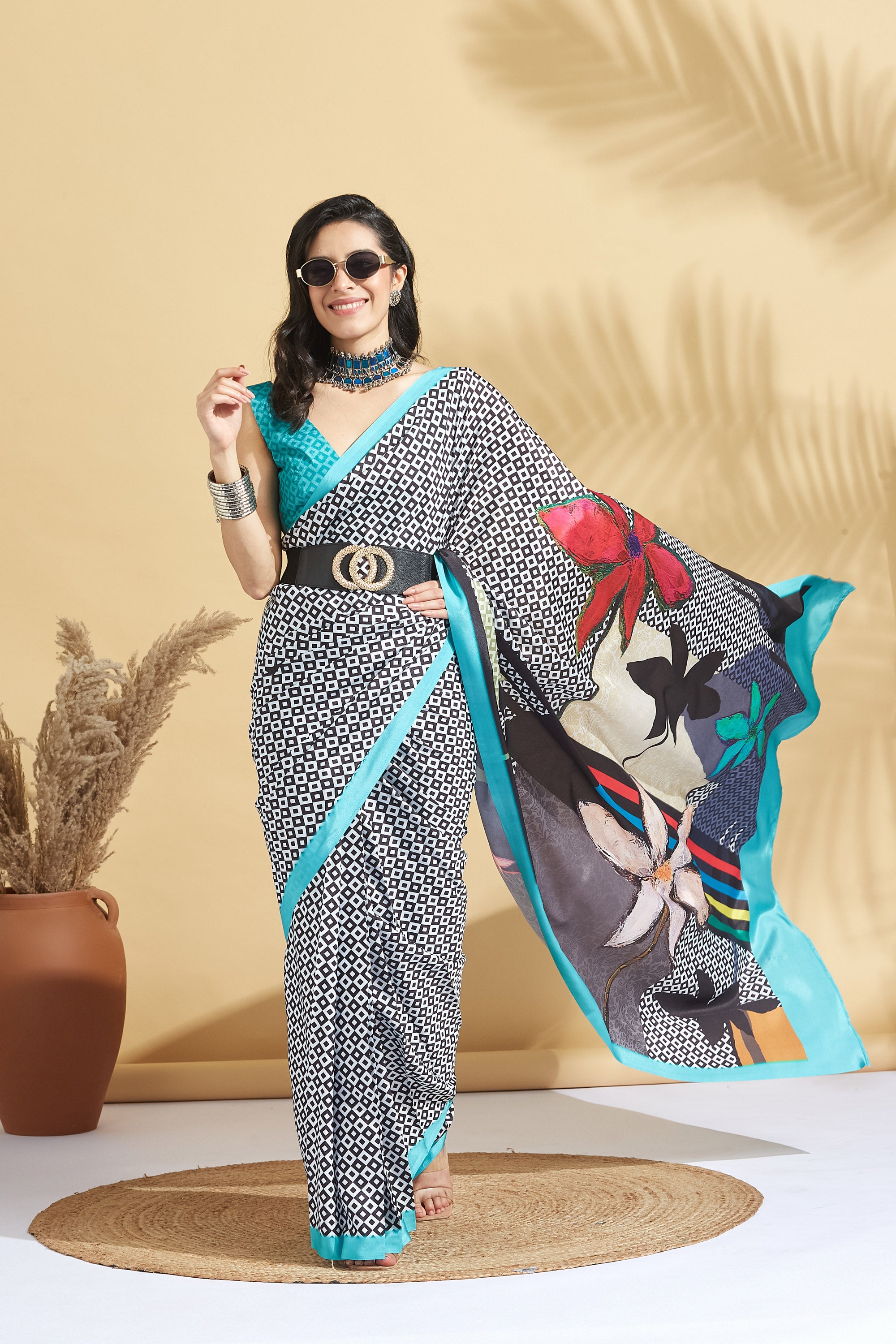 Digital Geometric Sketch Print Mulmul Cotton Ready to wear Saree