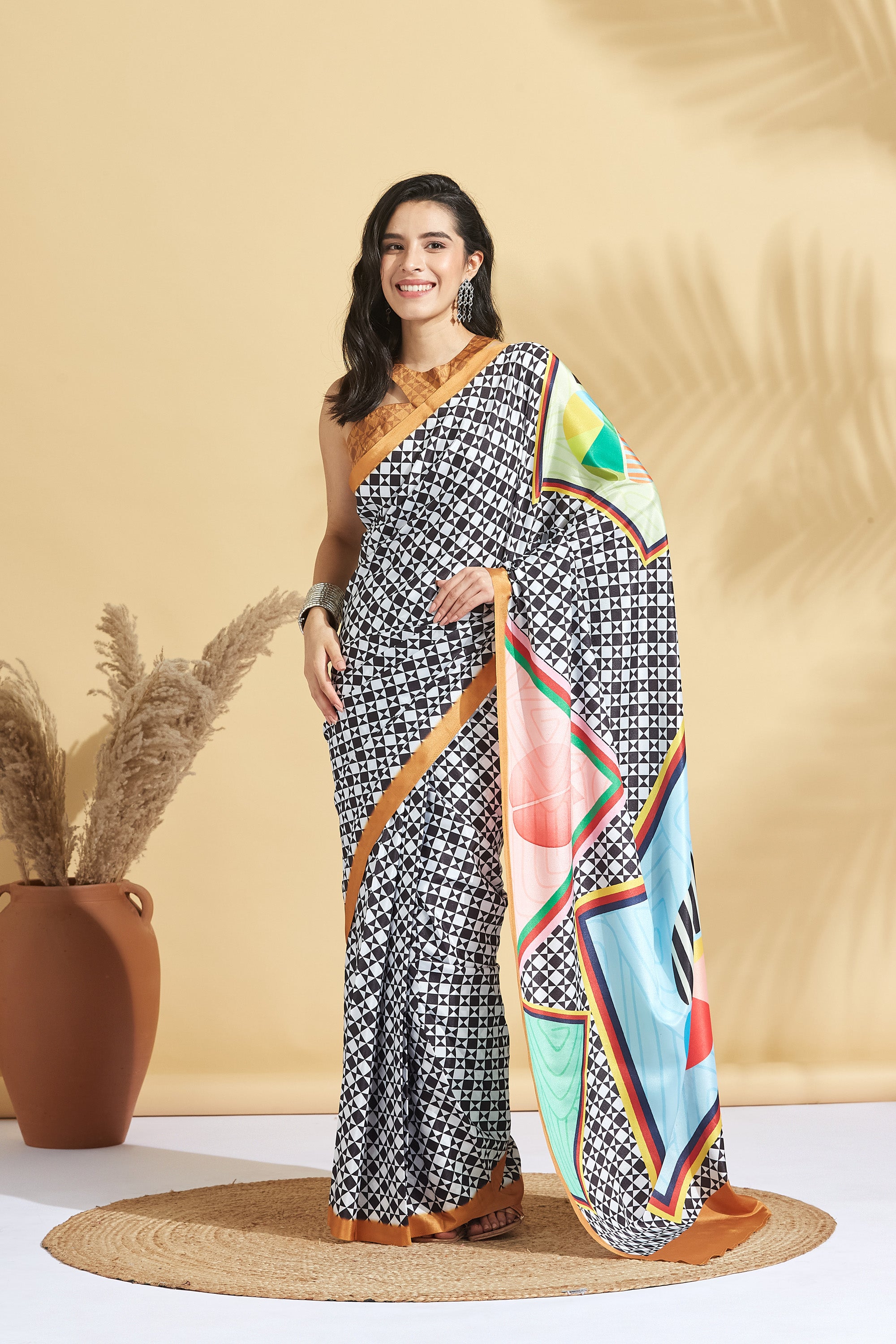 Digital Chess Print Crape Checks Saree