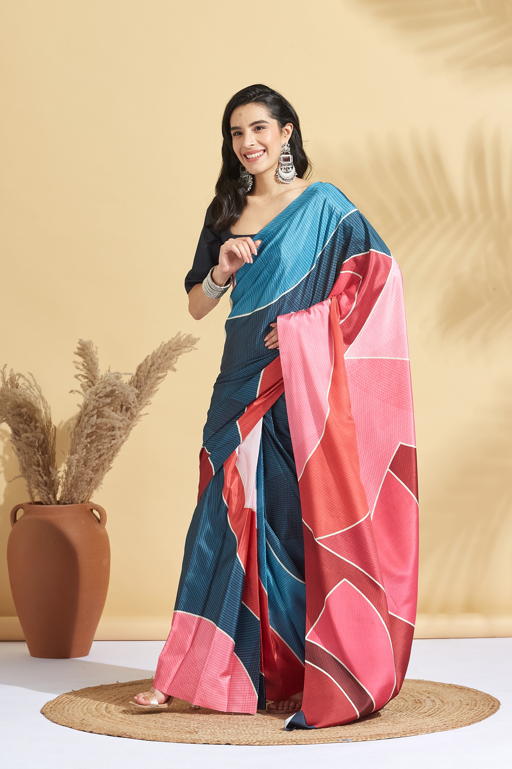 Digital Stripe Print Blue Peach Crepe Saree