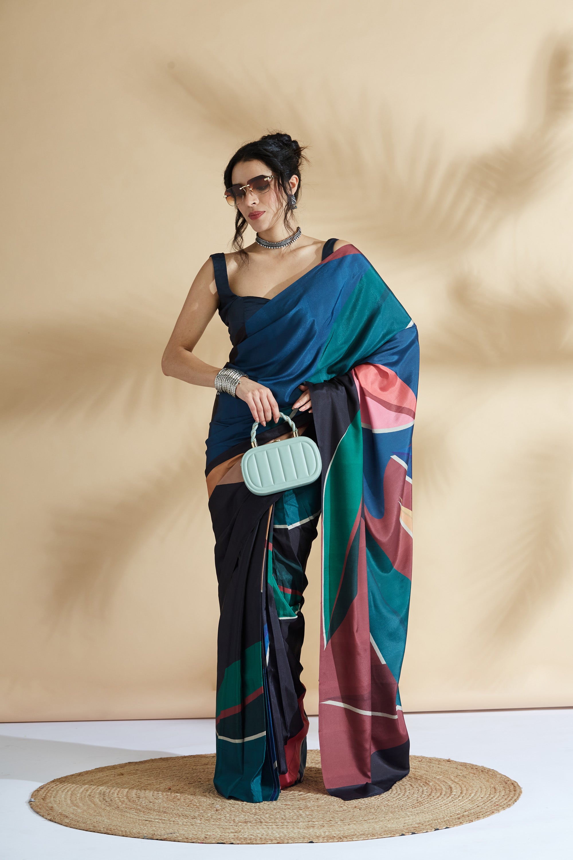 Artisian Sketch Digital Printed Colourblock Crepe  Saree