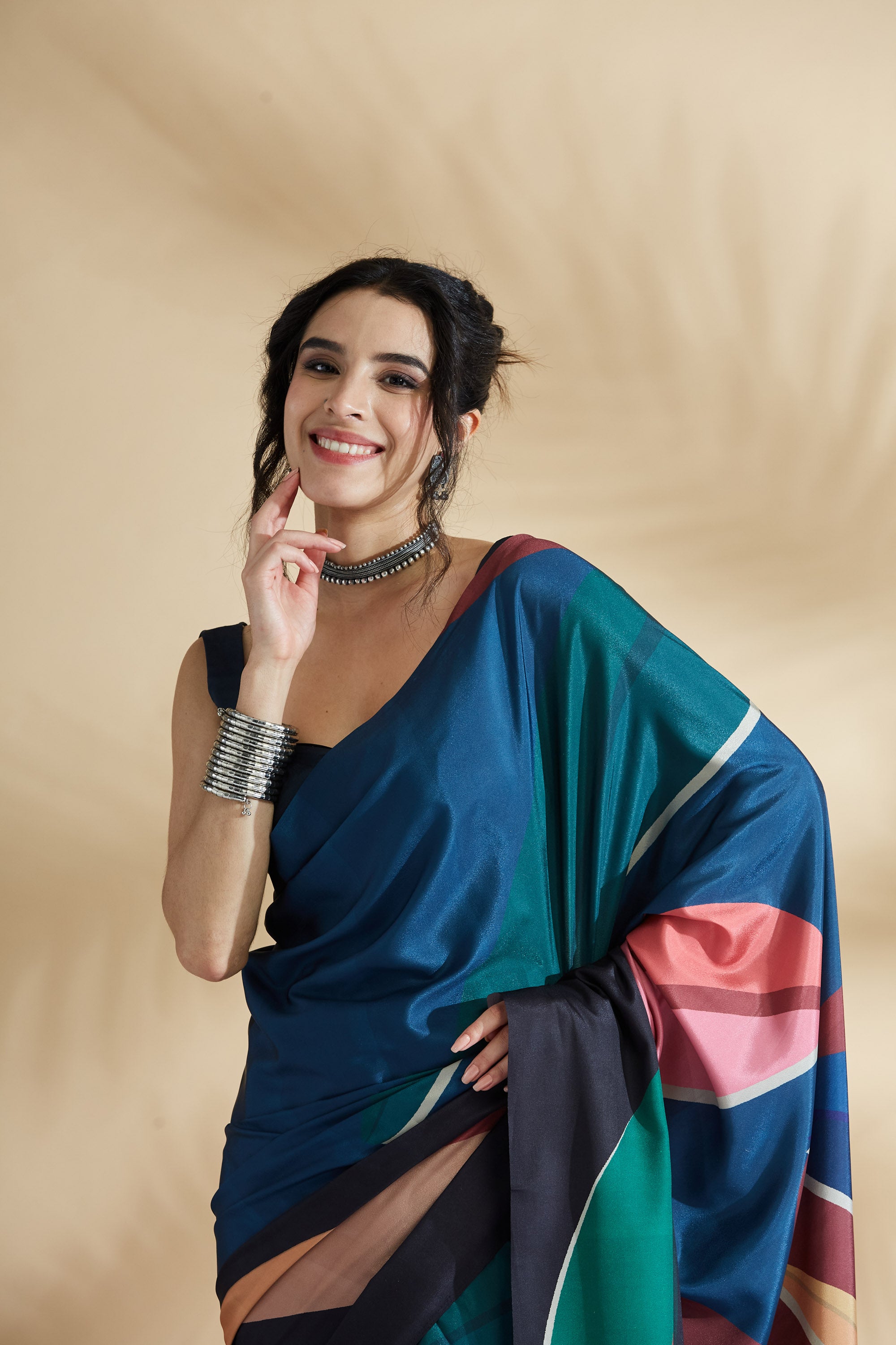 Artisian Sketch Digital Printed Colourblock Crepe Ready to wear Saree