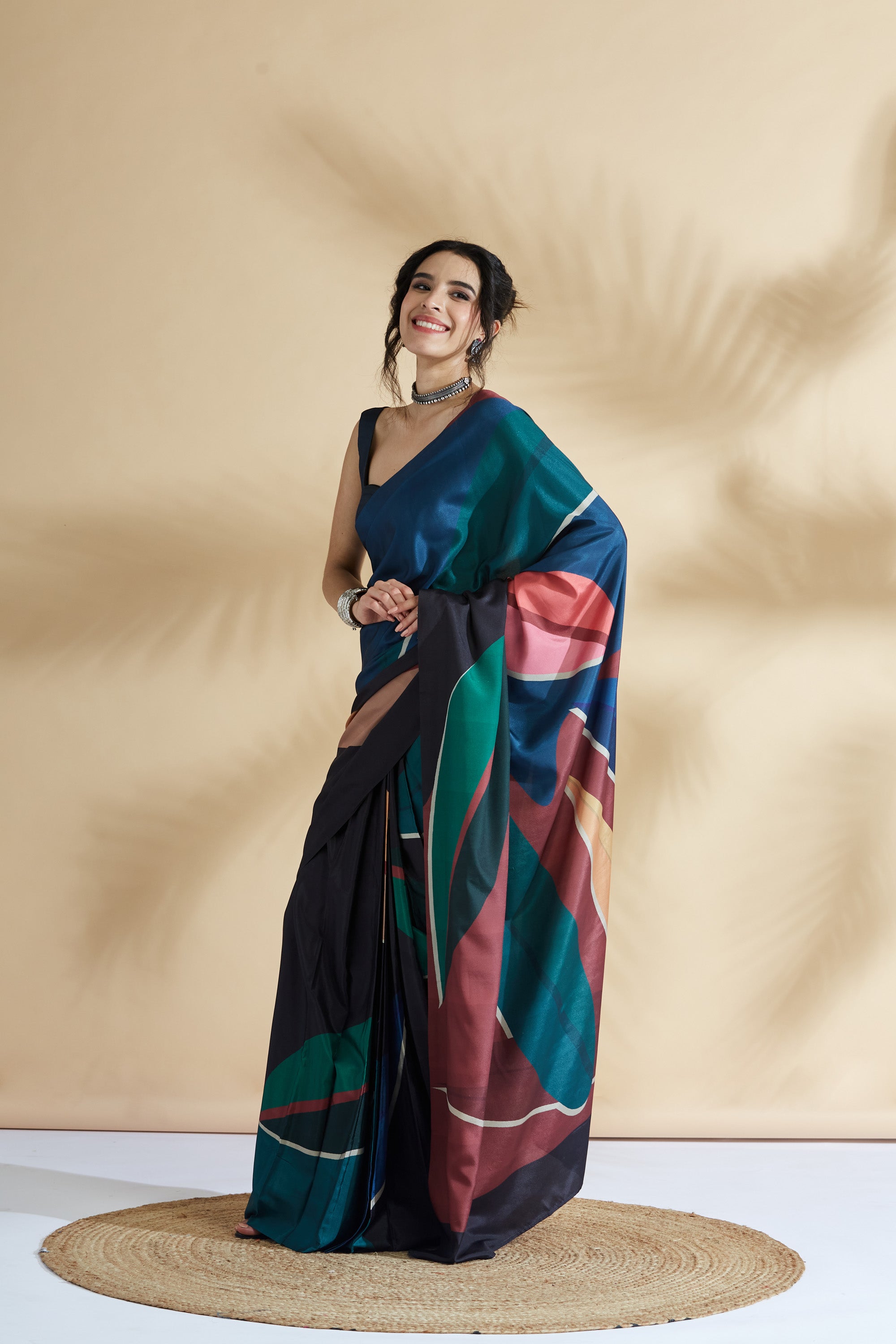 Artisian Sketch Digital Printed Colourblock Crepe  Saree