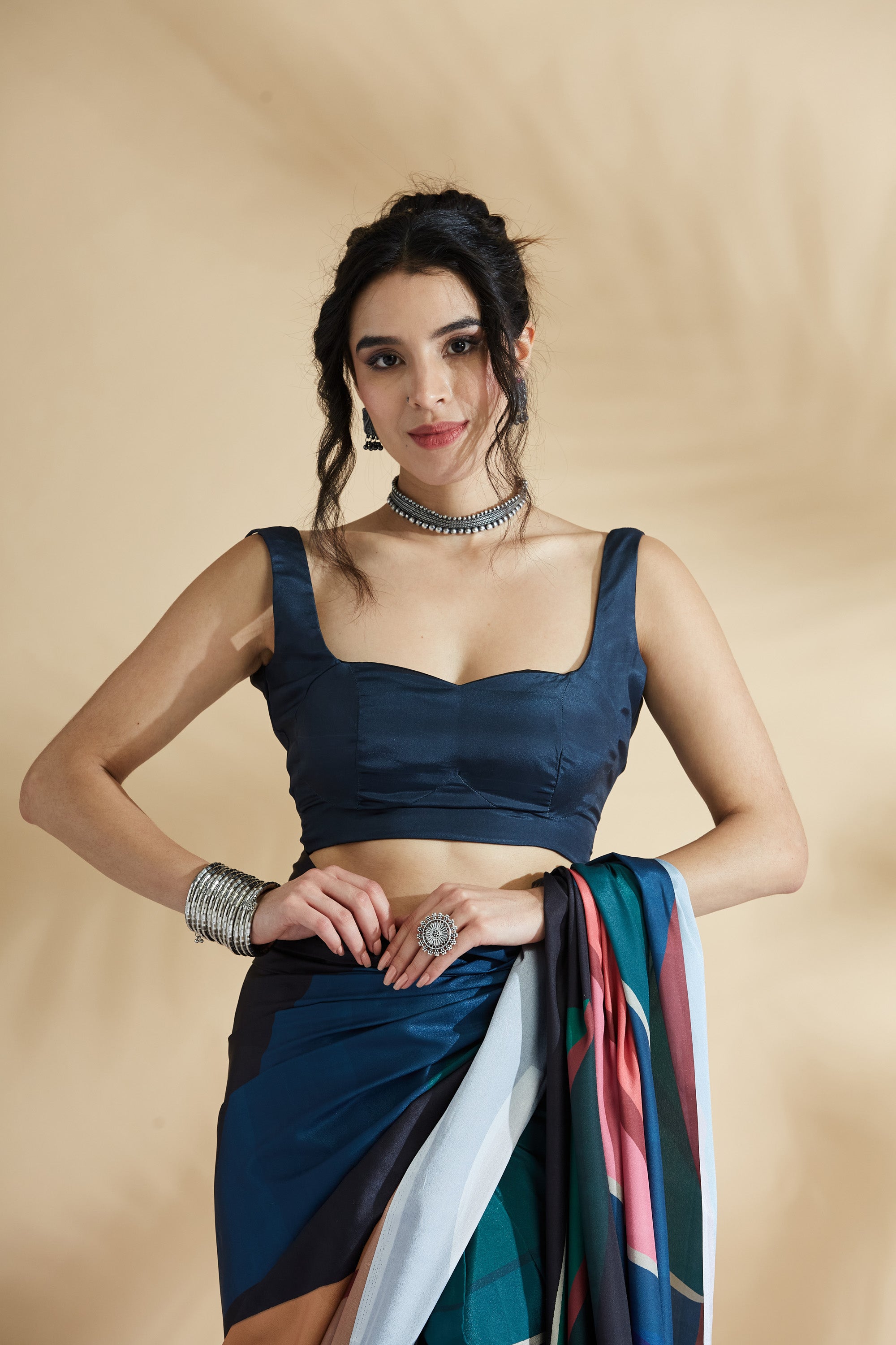 Artisian Sketch Digital Printed Colourblock Crepe Ready to wear Saree