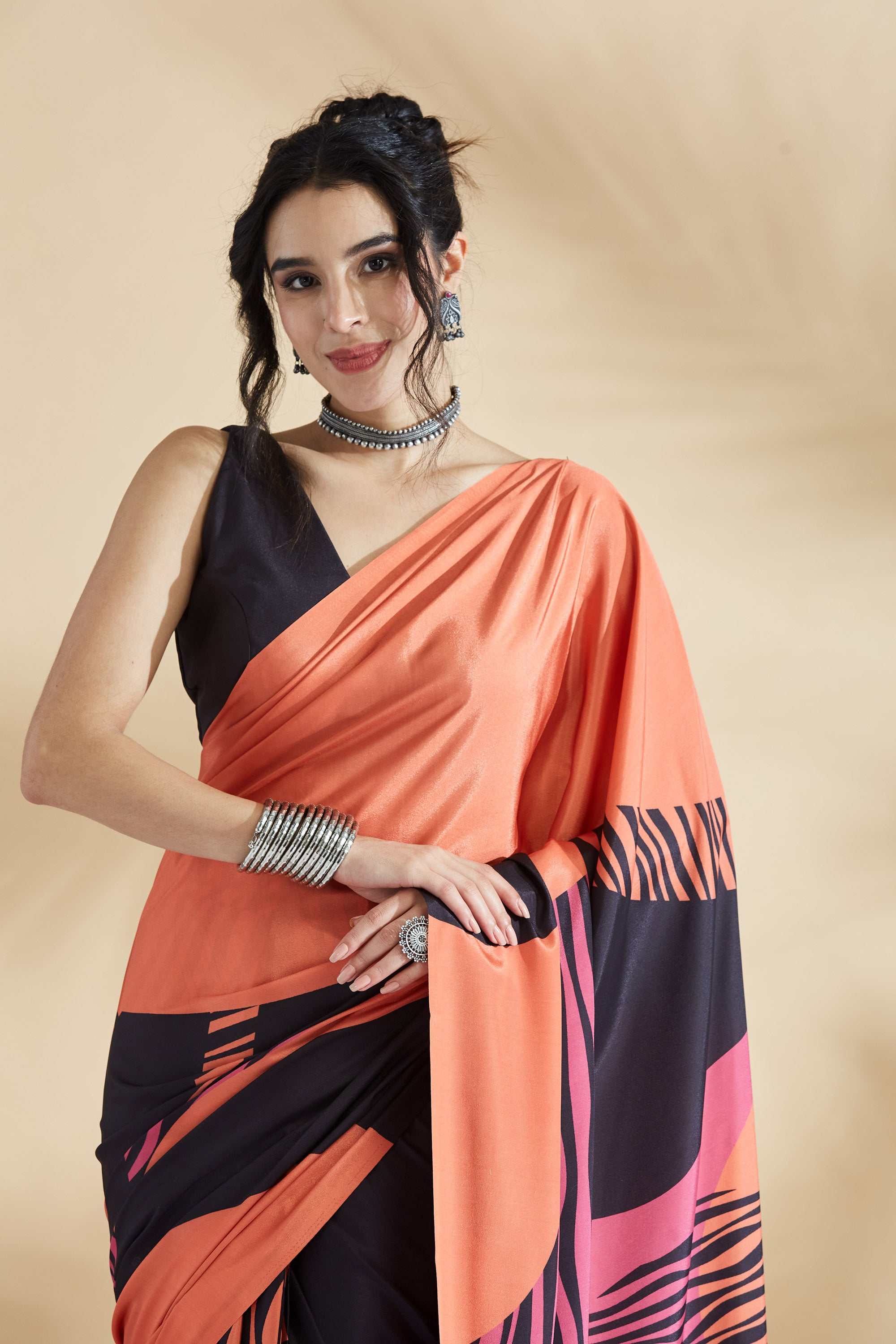 Peach Tropical Prints Multi Shades Ready to Wear Saree