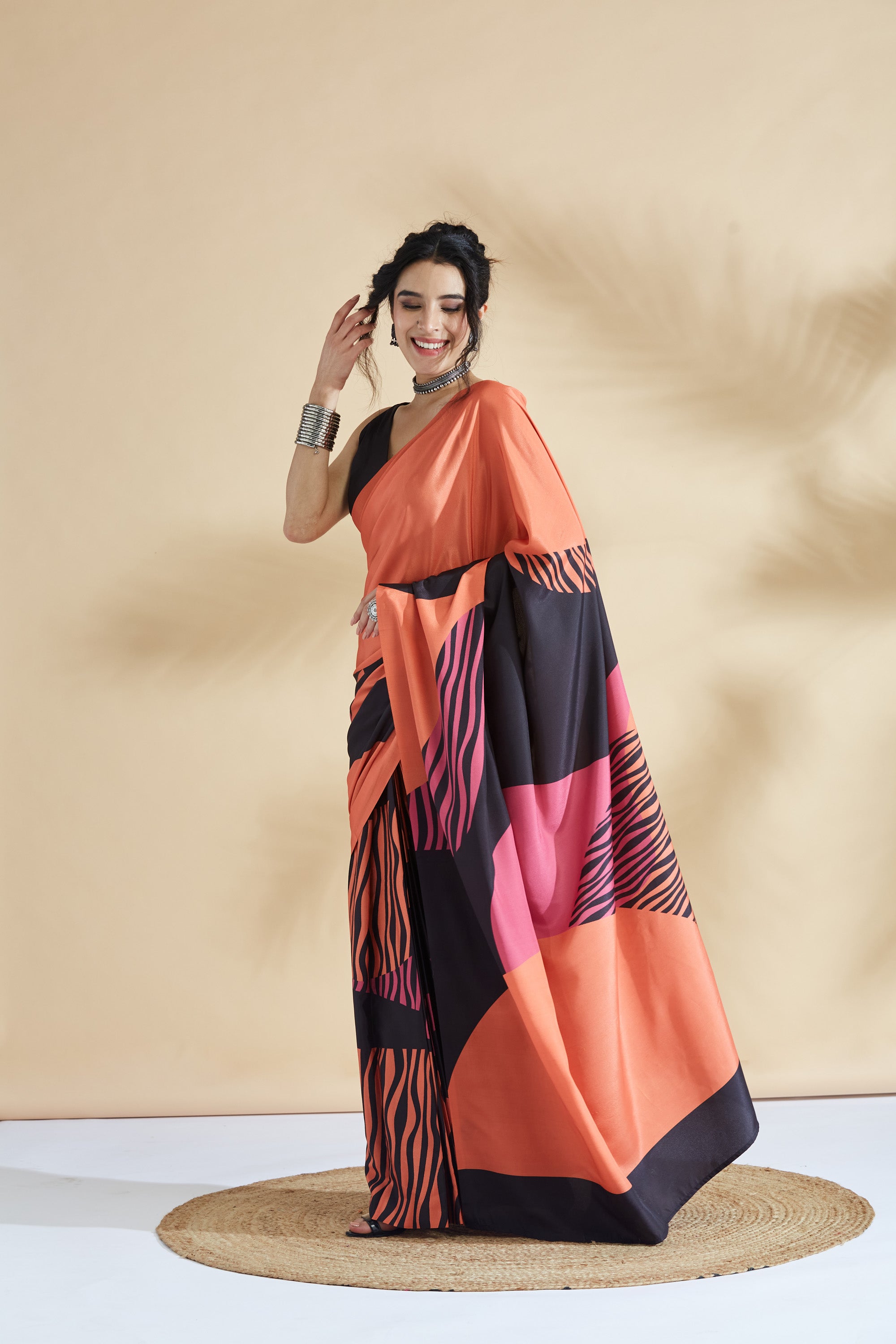 Peach Tropical Prints Multi Shades Saree