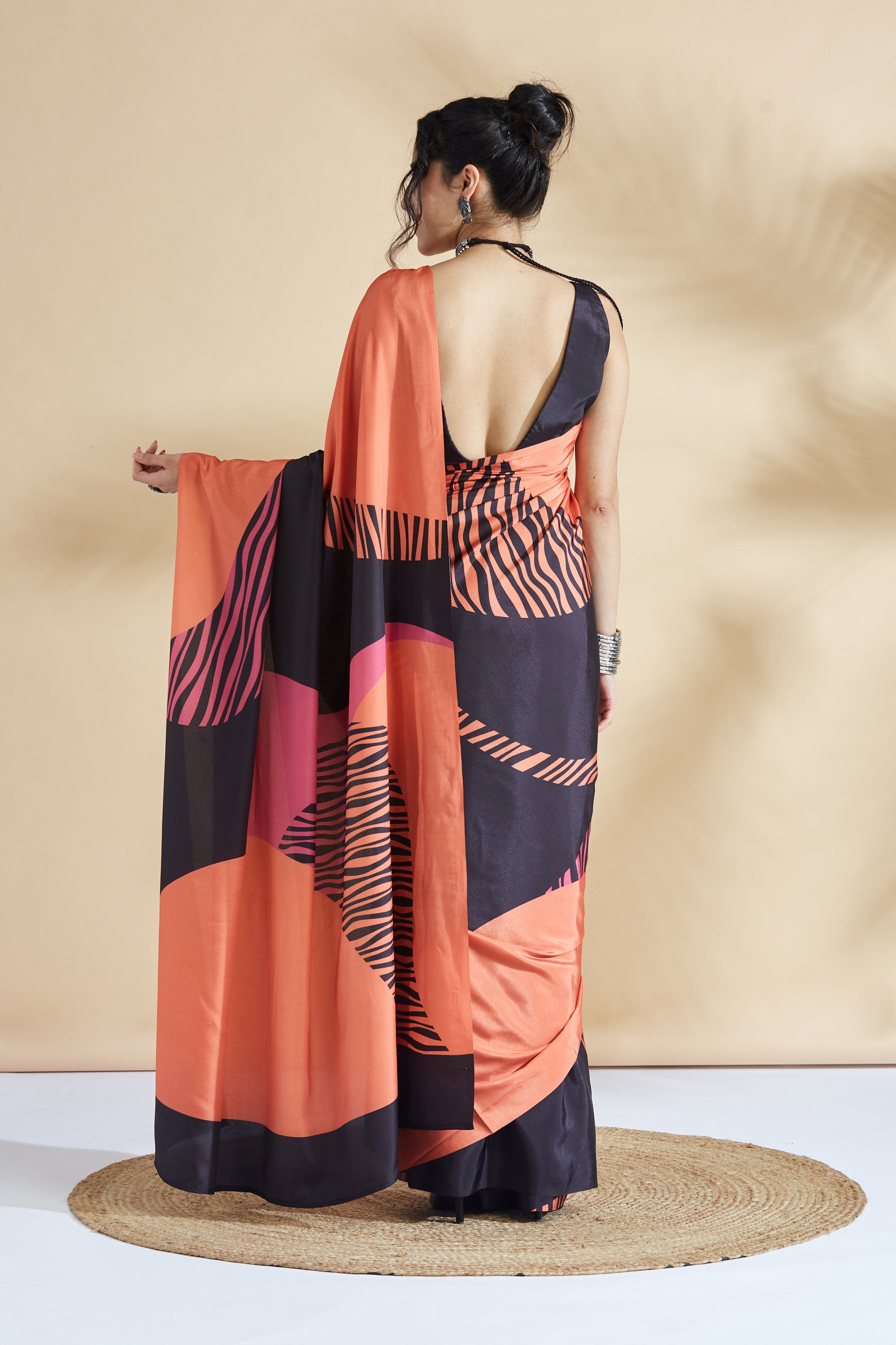 Peach Tropical Prints Multi Shades Ready to Wear Saree