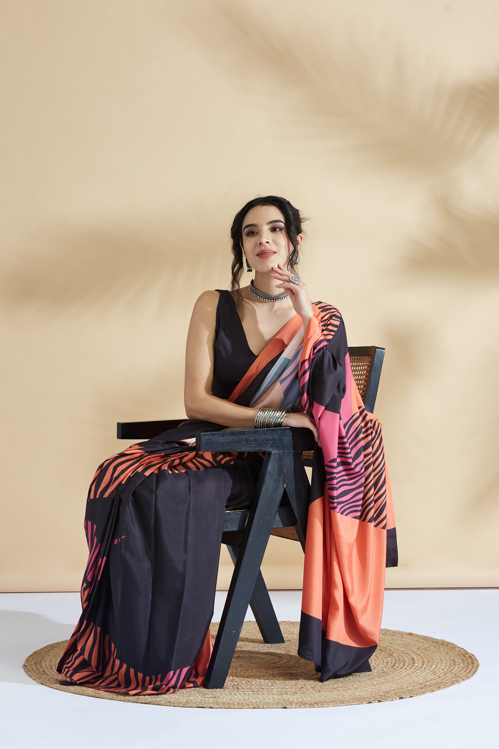 Peach Tropical Prints Multi Shades Ready to Wear Saree