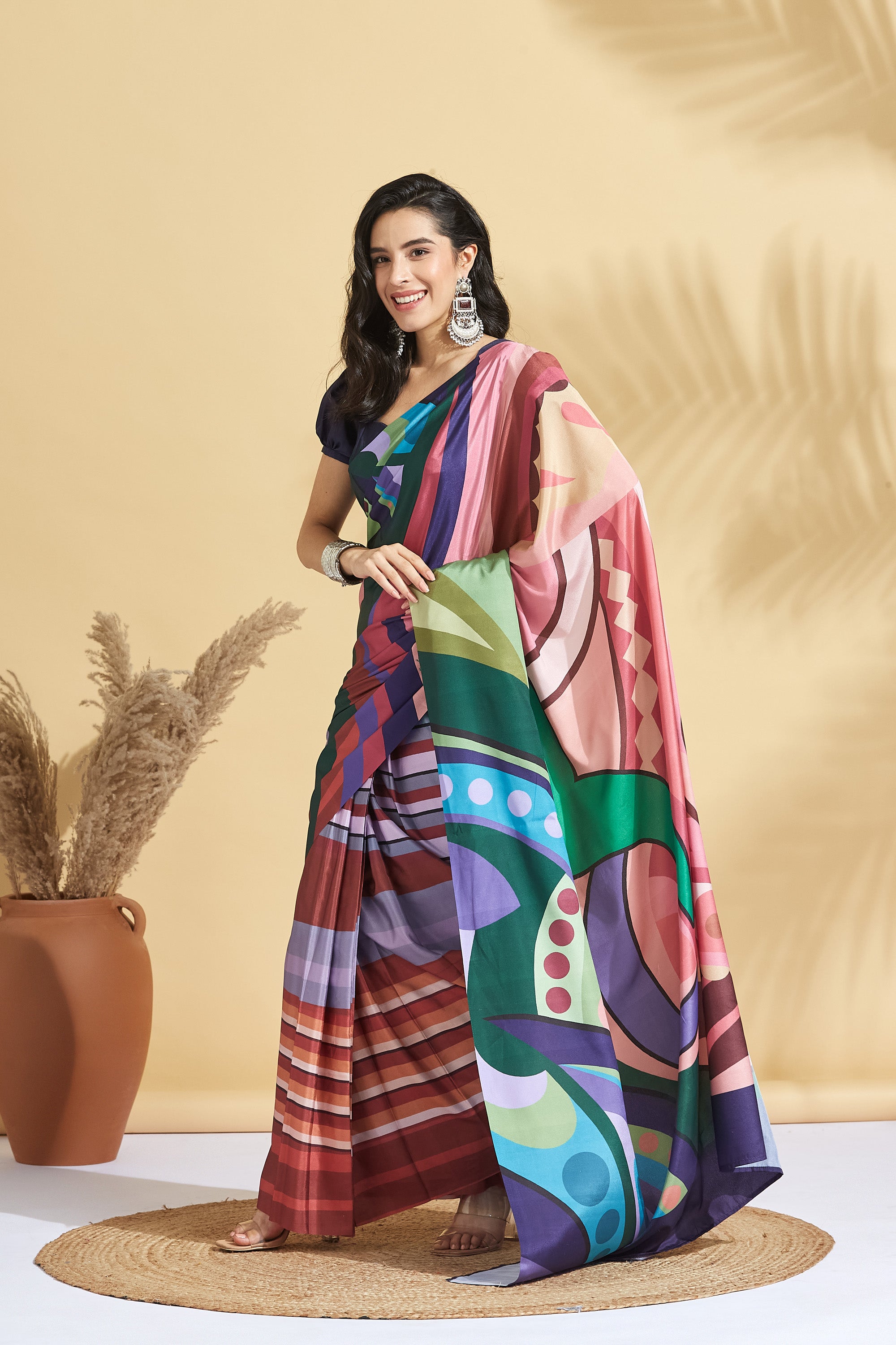 Digital Print Stripe Print Crepe Saree