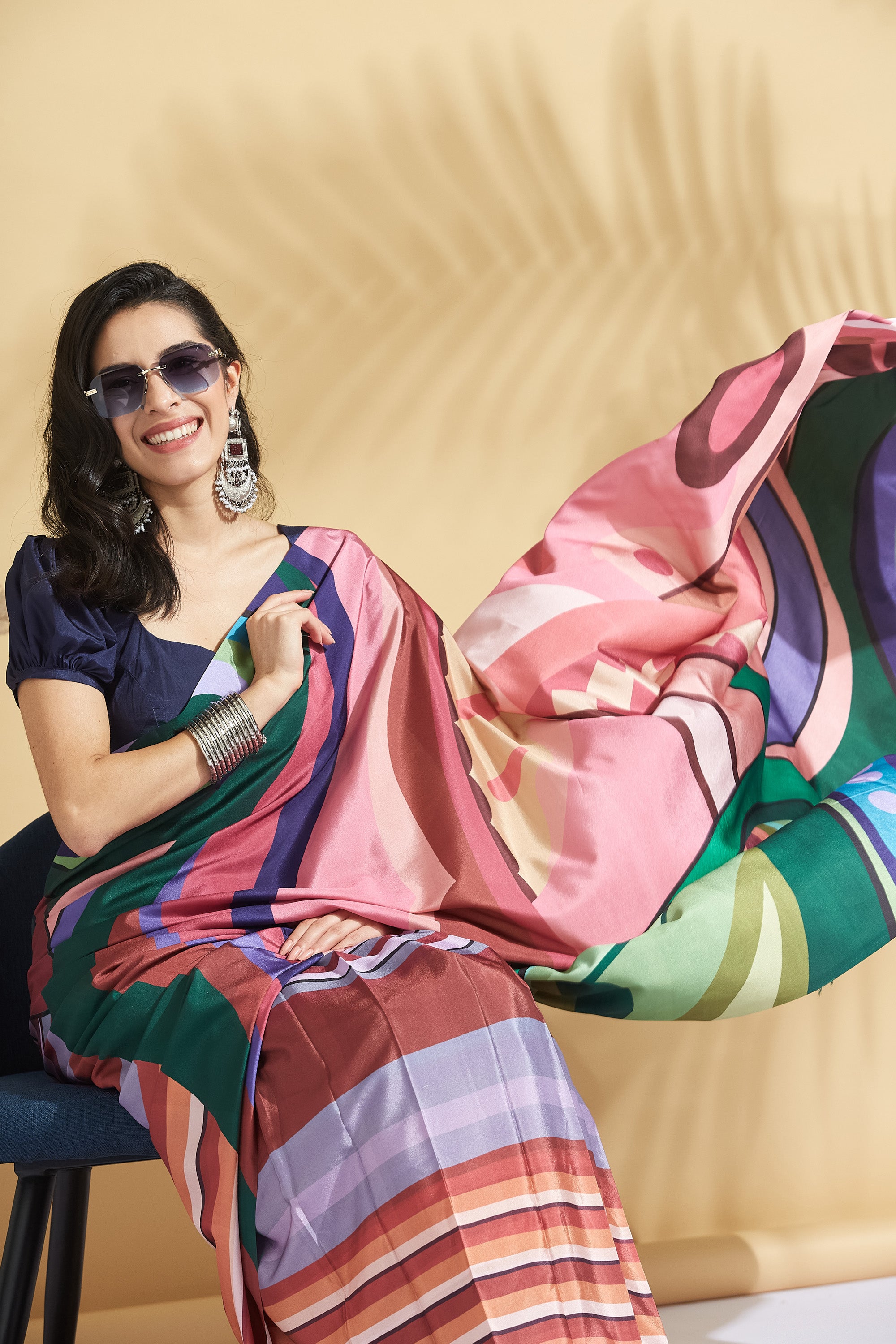 Digital Print Stripe Print Crepe Ready to Wear Saree