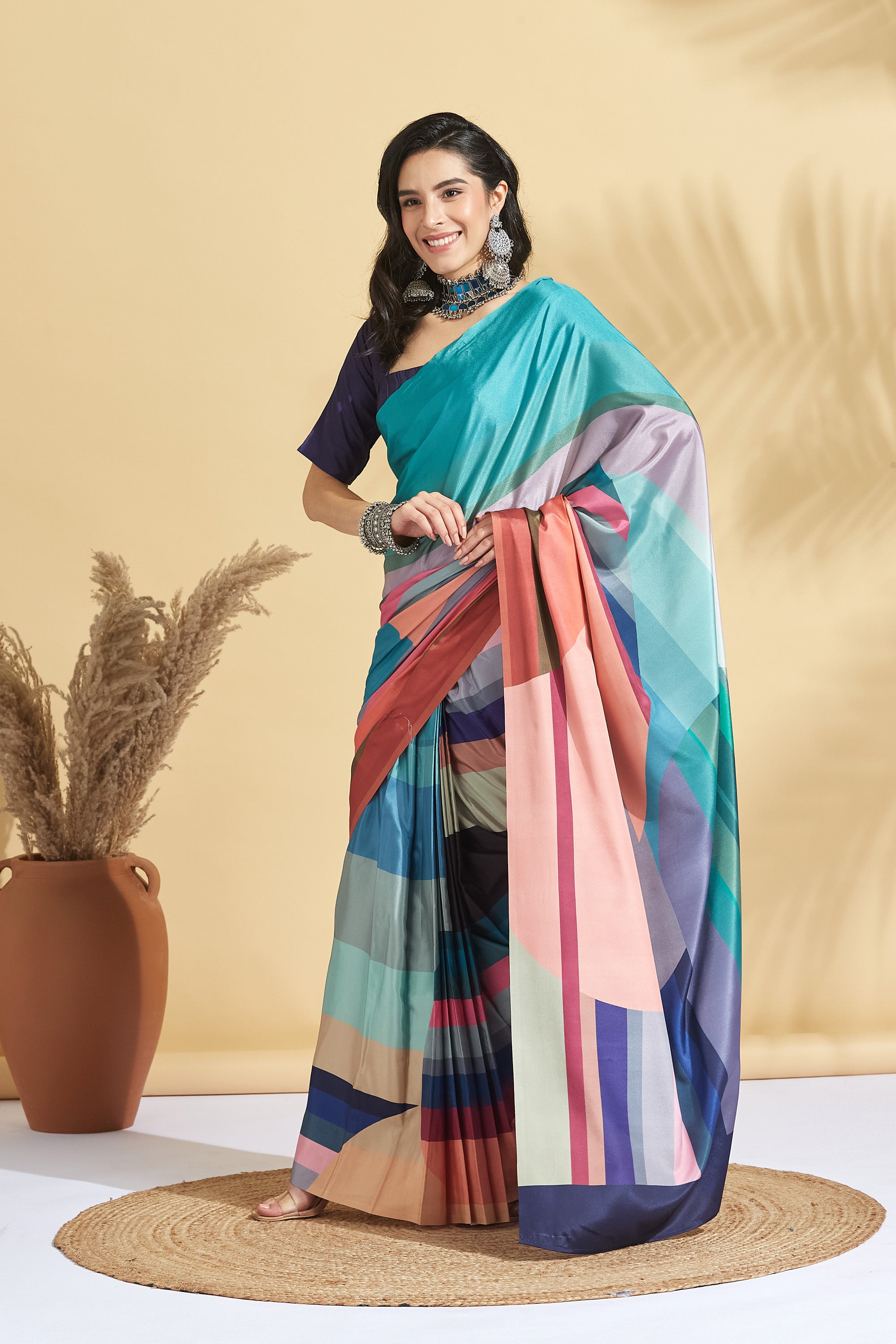 Digital Color Strips Print Satin Crepe Saree Saree