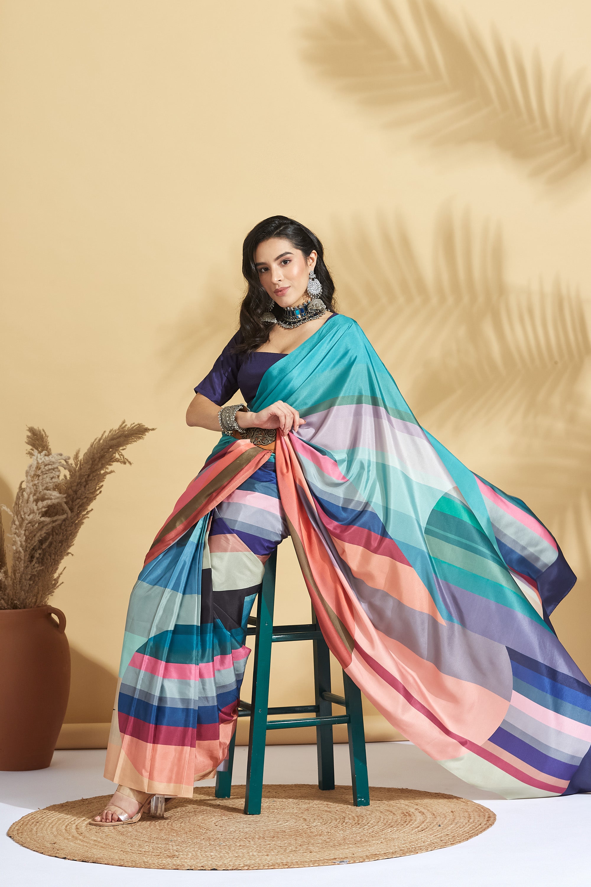 Digital Color Strips Print Satin Crepe Saree Ready to Wear Saree