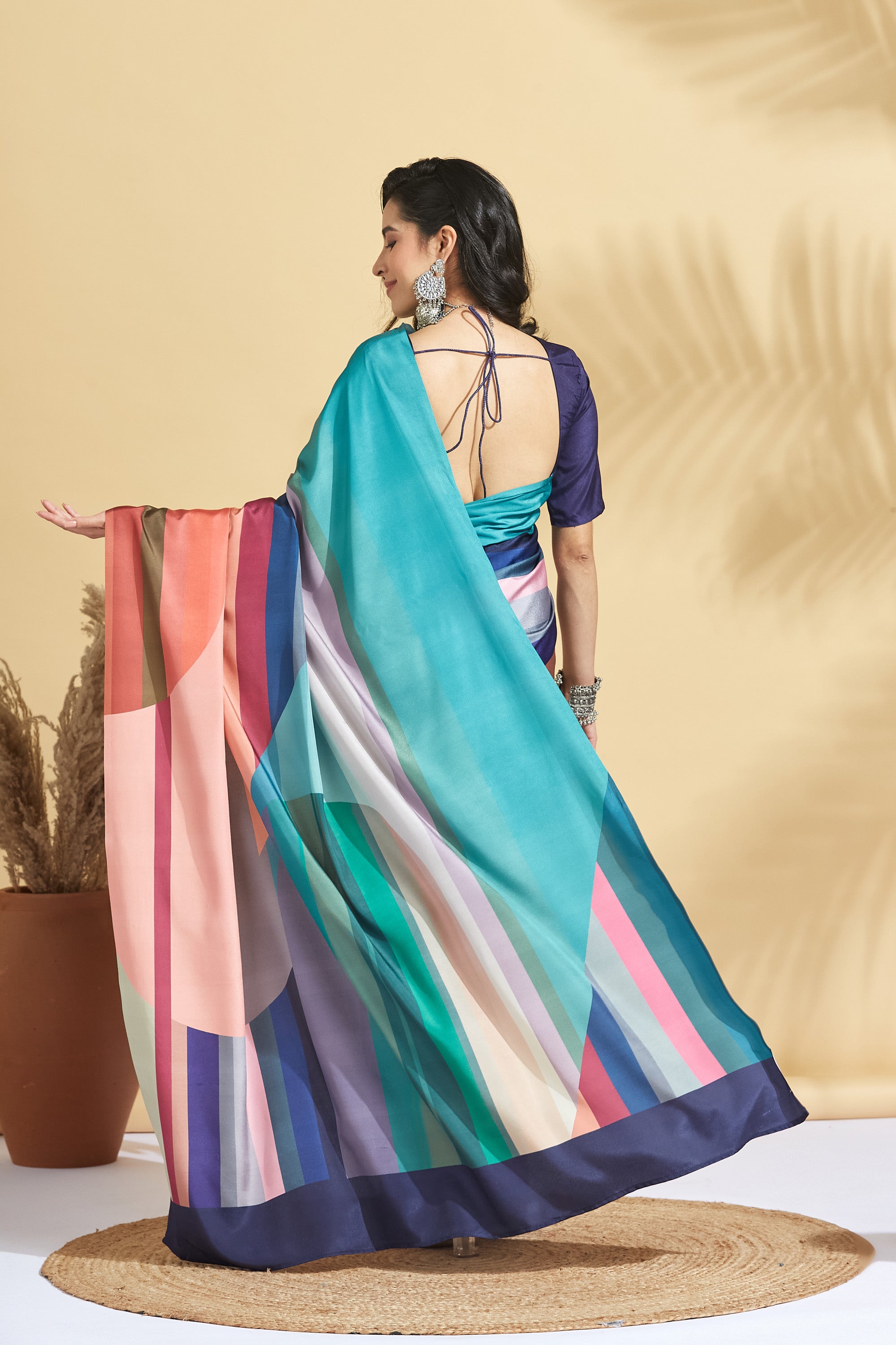 Digital Color Strips Print Satin Crepe Saree Ready to Wear Saree