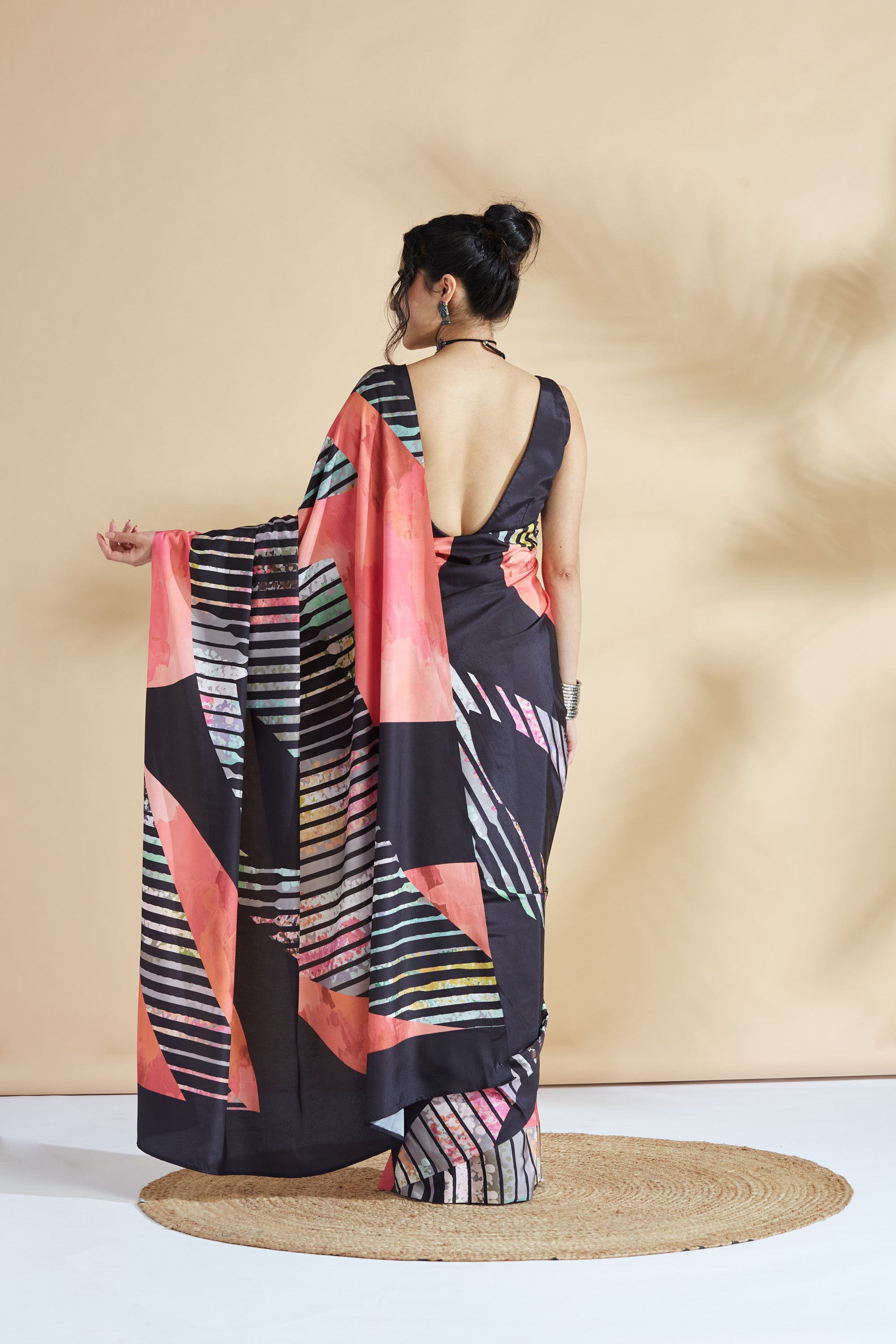 Digital Striped Printed Silk Crape  Saree