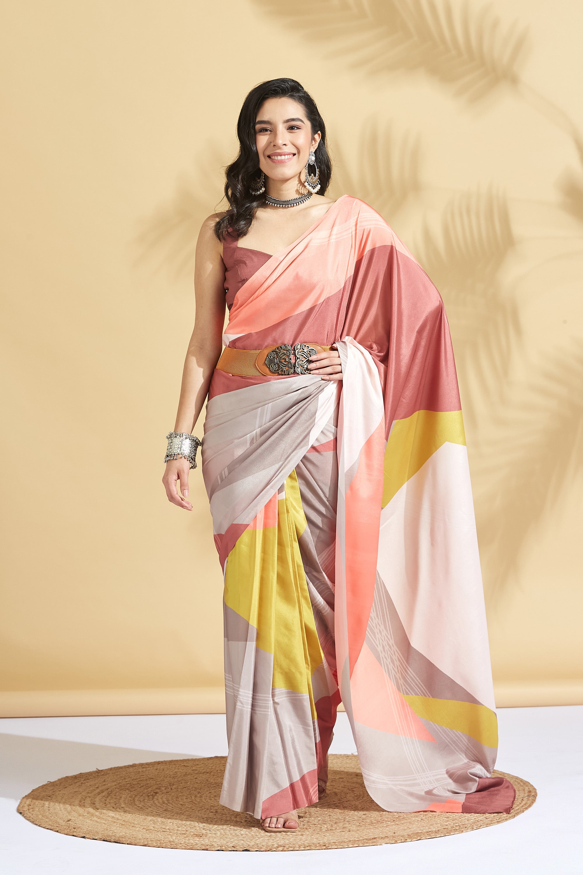 Digital Printed Colorblocked Satin Crepe Saree