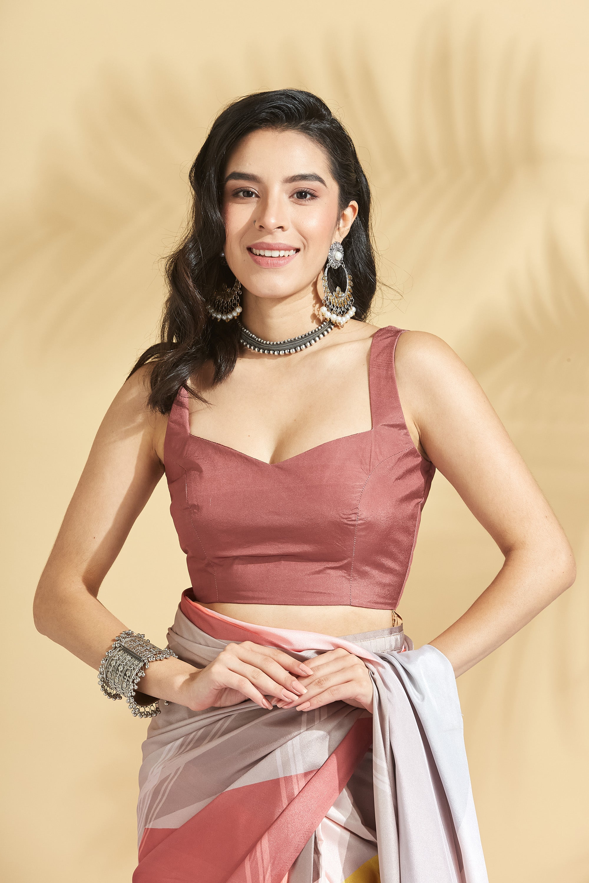 Digital Printed Colorblocked Satin Crepe Saree