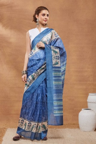 Blue Color Warli Printed Silk Blend Ready to Wear Saree