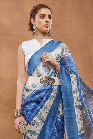 Blue Ethnic Motifs Printed Silk Blend Party Wear Saree