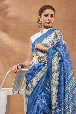 Blue Ethnic Motifs Printed Silk Blend Party Wear Saree