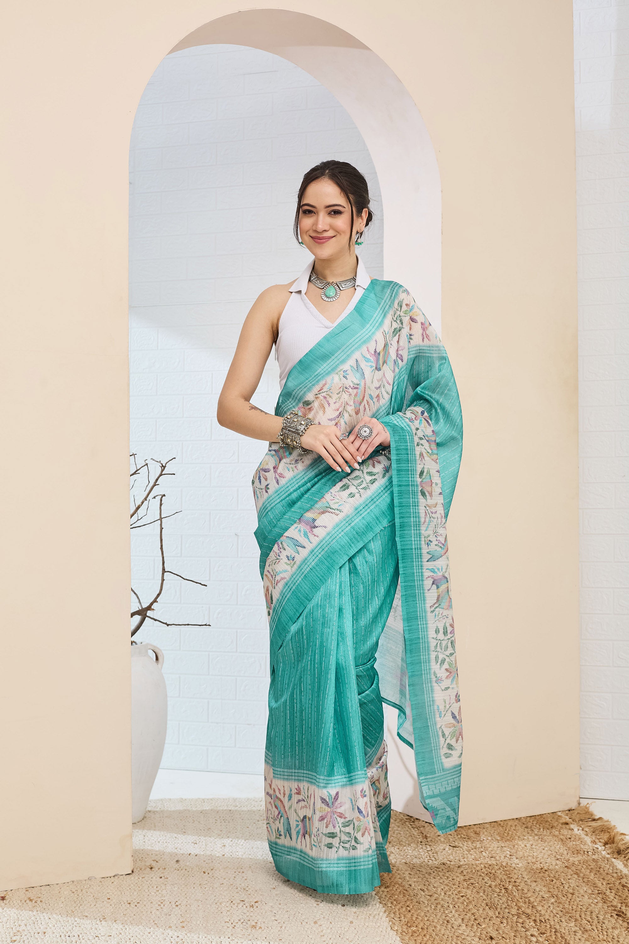 Turquoise Blue Geometric Printed Silk Blend Ready To Wear Saree