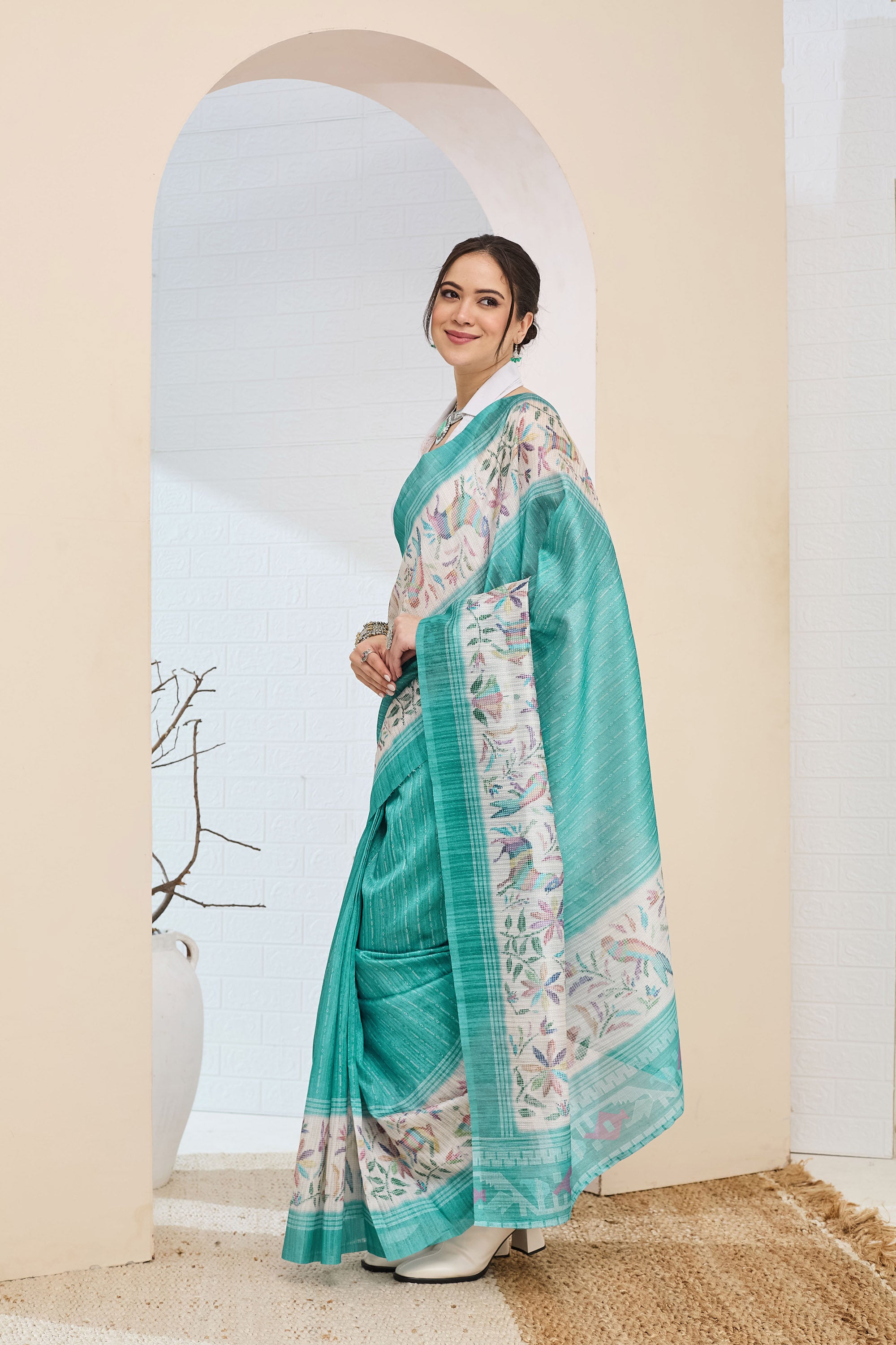 Turquoise Blue Geometric Printed Silk Blend Ready To Wear Saree
