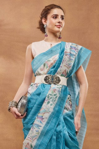 Green Floral Printed Silk Blend Designer Saree