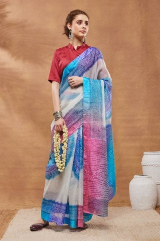 Blue Bandhani Printed Silk Blend Party Wear Saree