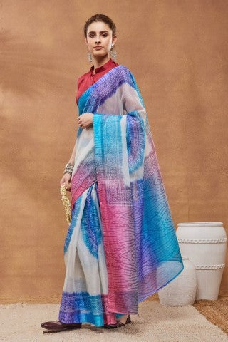 Blue Color Bandhani Printed Silk Blend Ready to Wear Saree