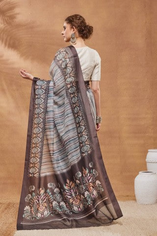 Brown Striped Printed Silk Blend Ready to Wear Saree