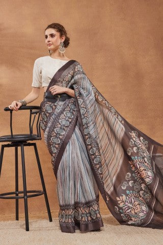Brown Striped Printed Silk Blend Ready to Wear Saree
