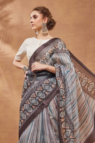 Brown Striped Printed Silk Blend Party Wear Saree