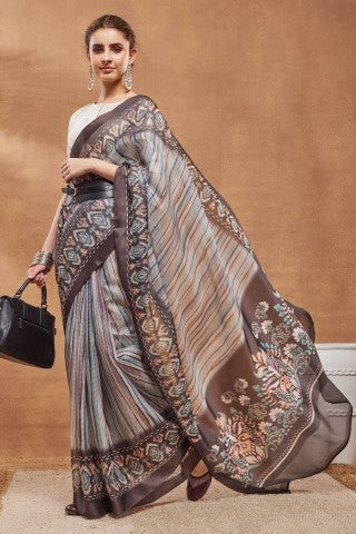 Brown Striped Printed Silk Blend Party Wear Saree