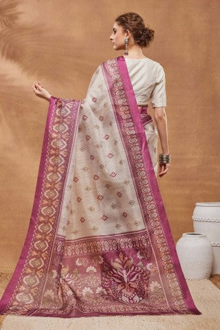 Off White Ethnic Motifs Printed Silk Blend Ready to Wear Saree