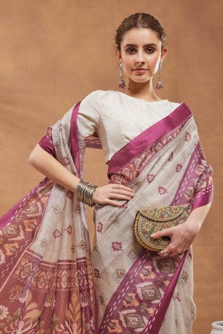 Off White Ethnic Motifs Printed Silk Blend Ready to Wear Saree